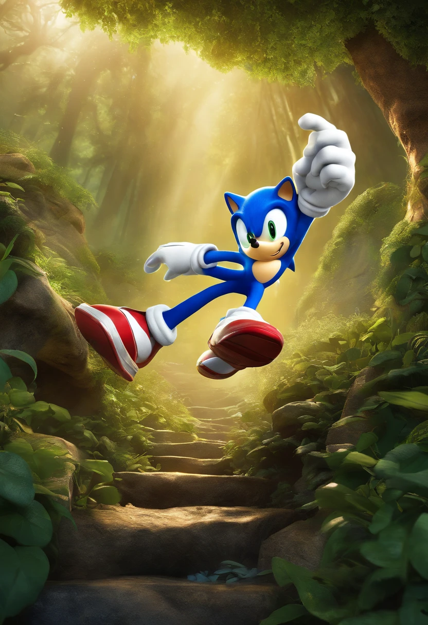 a detailed illustration,[Sonic the Hedgehog],best quality,ultra-detailed,realistic,photorealistic:1.37,colorful environment,character in motion,endless speed,golden rings,mystical green emeralds,blue fur,red shoes,energetic and determined expression,action-packed,heroic pose,fast-paced adventure,complex level design,vibrant and dynamic,studio lighting,special effects,comic book style,thrilling soundtrack,nostalgic vibes,masterpiece:1.2