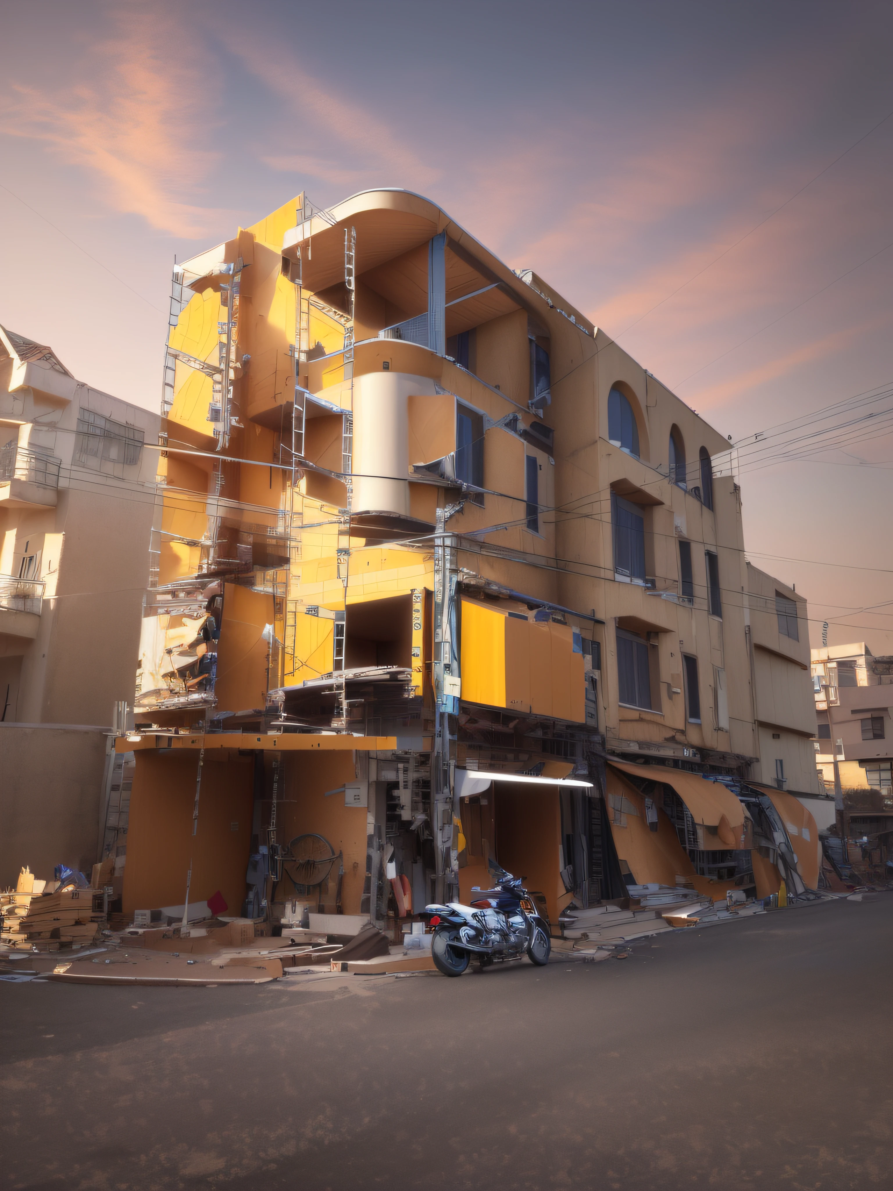 There is scaffolding on the side.、The building in Alafed where motorcycles are parked in front of it, Significant impact on buildings, building facing, taken in the early 2020s, full building, Front side view, 2022 photograph, single building, Front view, Complete House, front-facing view, mid-view, front side