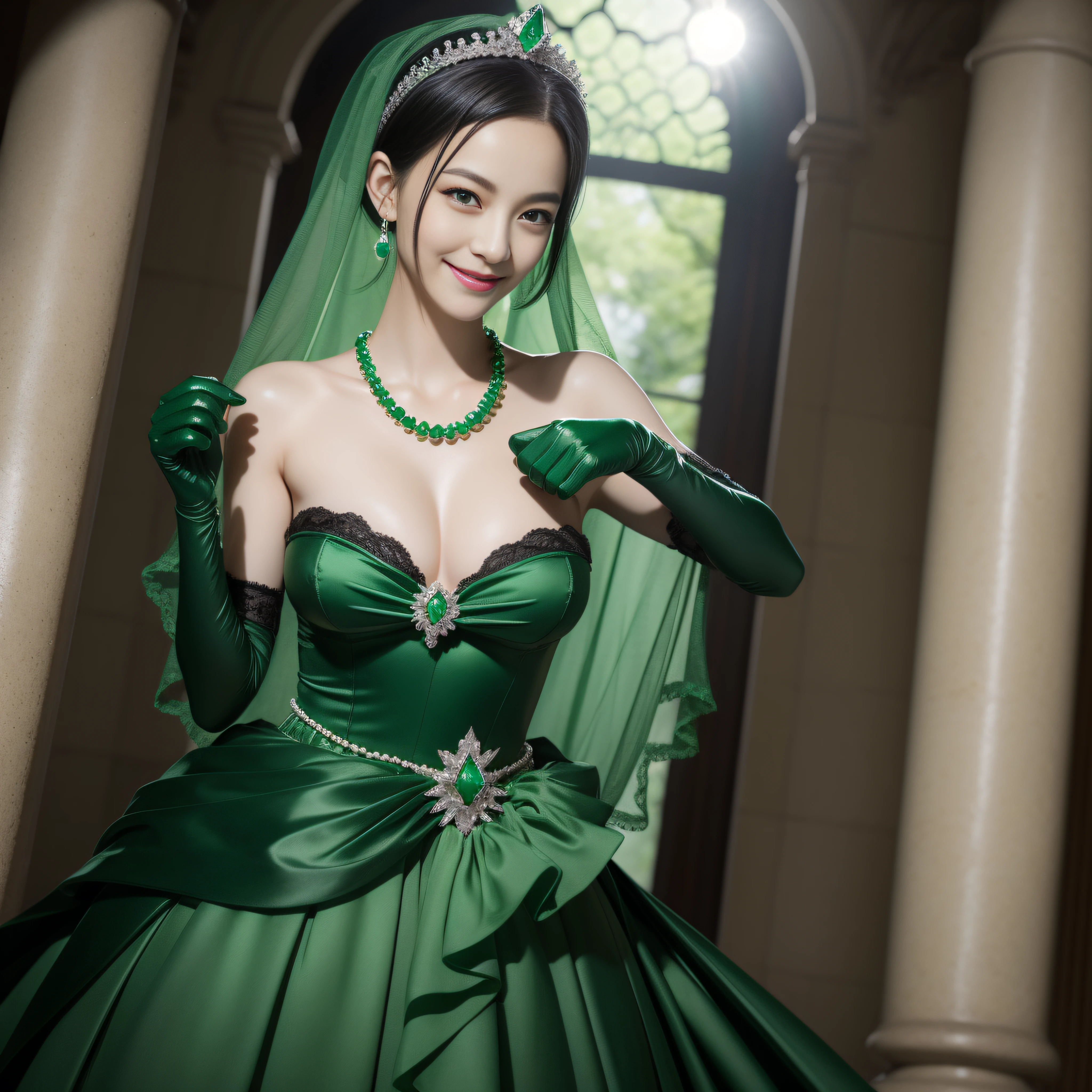 emerald tiara, Green Pearl Necklace, Boyish very short black hair, lipsticks, Japan woman smiling, Long green gloves made of satin material, very short short hair, fist, big breasts beautiful, Green eyes