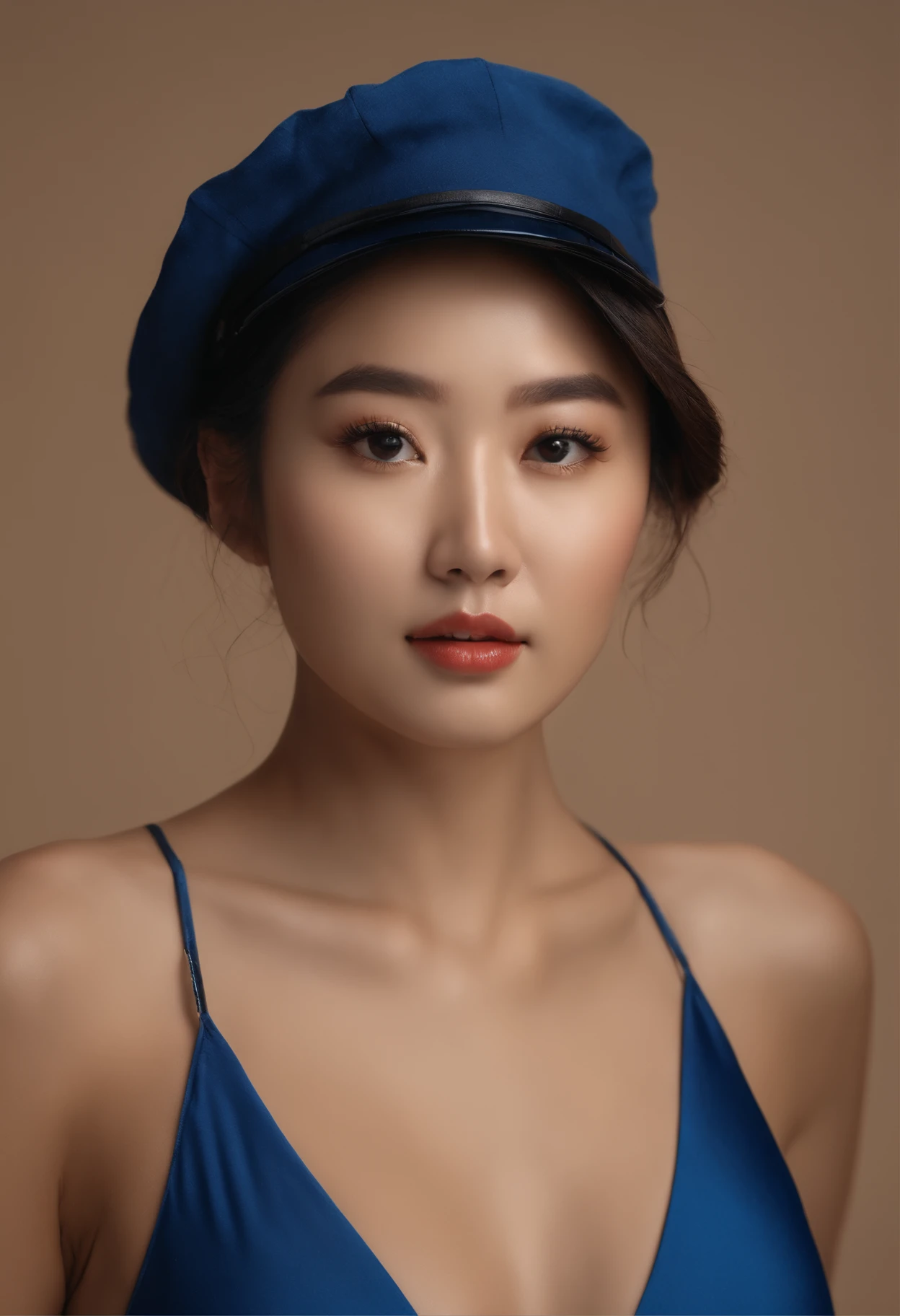 Mejor calidad, 32k HDR, Obra maestra, Realistic photo with sharp texture, A Korean model in a blue swimsuit and kepi, posing in a professional studio photograph, fondo color beige, simple y elegante