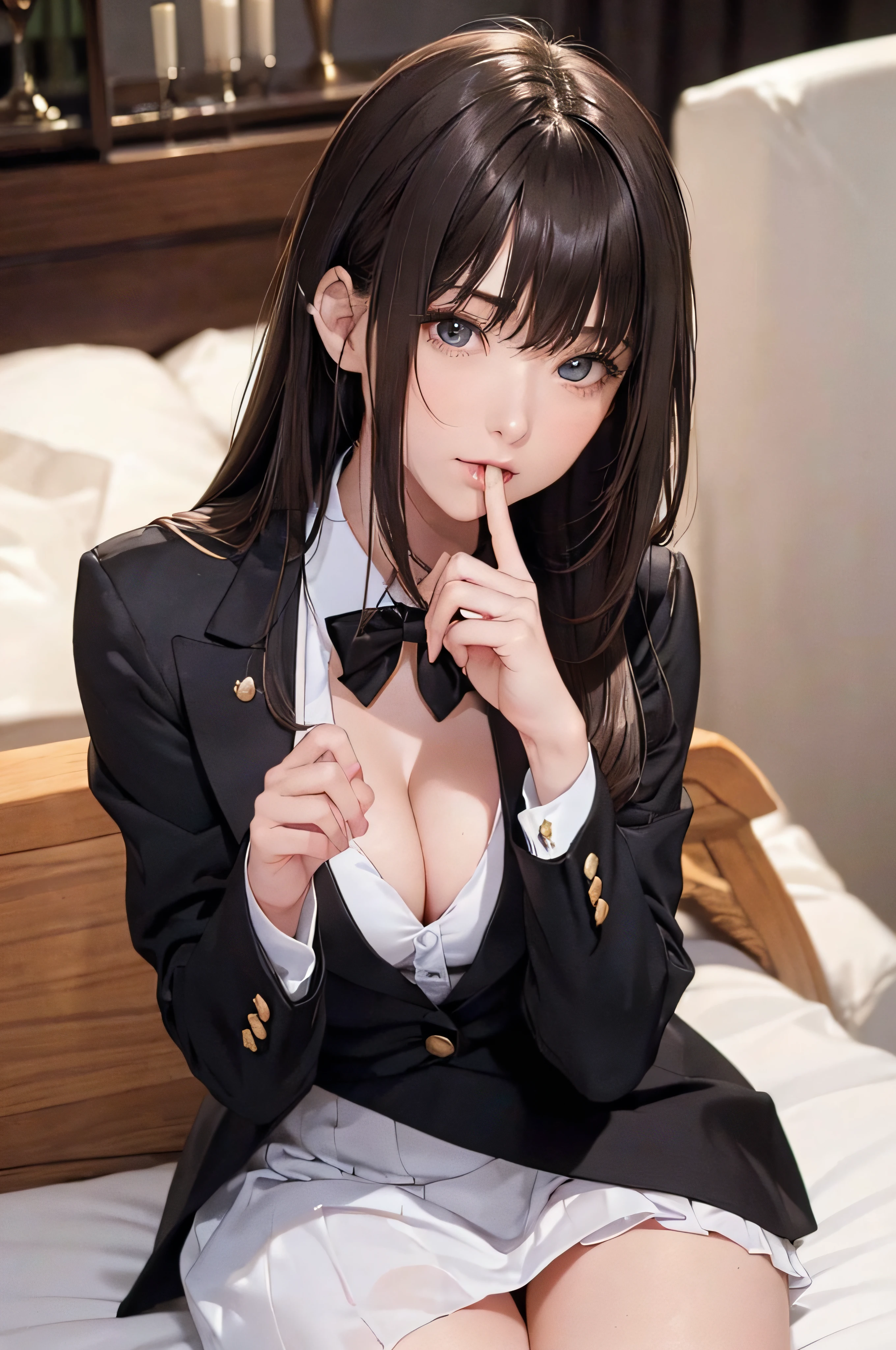 (1girl 24 years old:1.3), (photorealistic:1.4), (masterpiece, top quality, best quality, official art), extreme detailed, highest detailed, (ultra-detailed), ((an extremely delicate and beautiful)), cinematic light, (realisticlying:1.3), (highdetailskin:1.2), high resolution, 8K UHD, 4K, 8K, Bokeh, digital SLR camera, absurderes, Optimal proportions of four fingers and one thumb, 
((silky long hair)), (brown hair), beautiful face, perfect face, highly detailed beautiful face, 
Cute, shy,faint smile
hotel room, midnight,
dynamic angle, from above, 
((Wearing a black formal blazer)), ((white blouse with collar)), cleavage, skirt, lacepantyhose, white underwear,
open legs a little, showing bra, (((finger in her mouth:1.5 )))