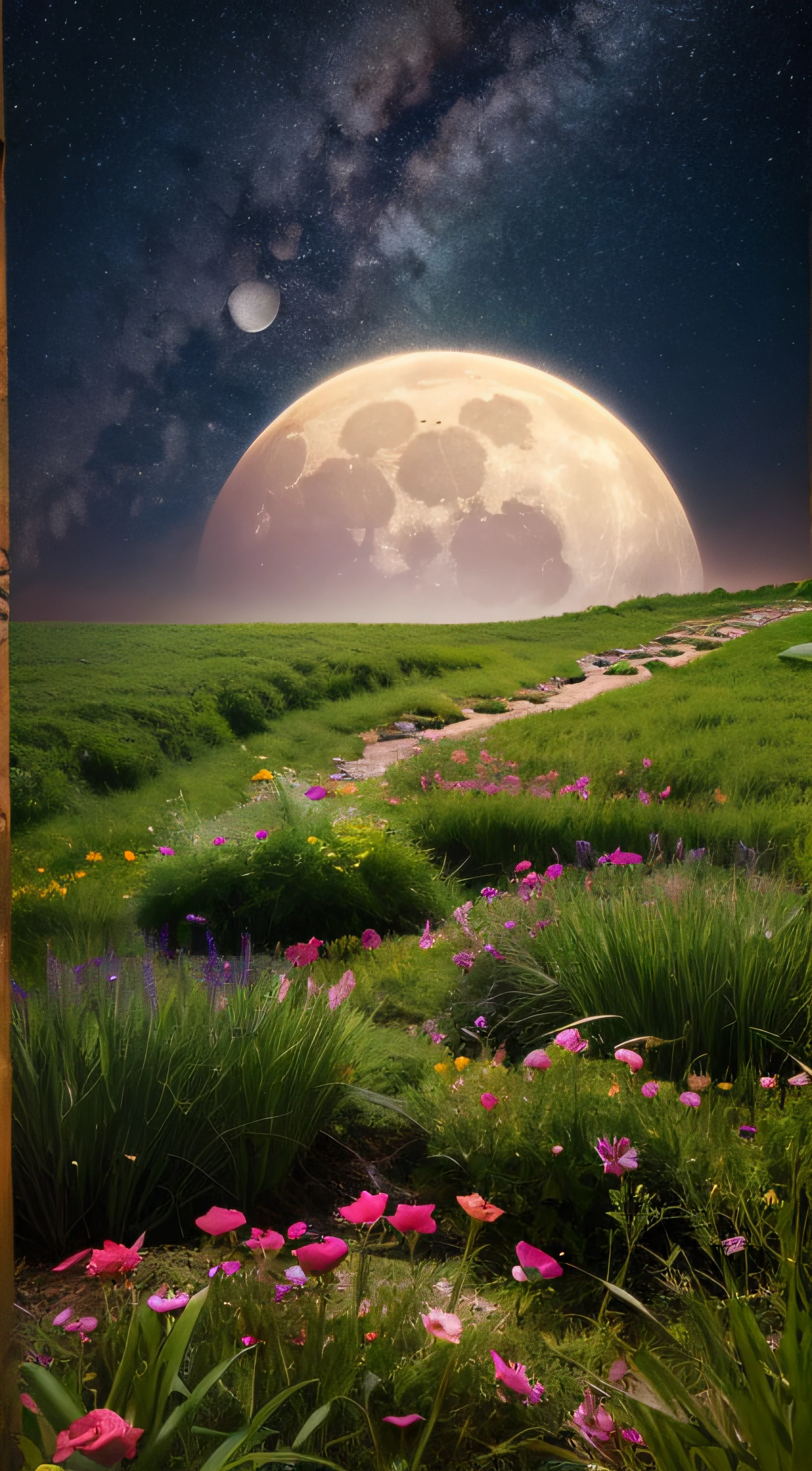 A round of oversized moons,Romantic starry sky,grassy fields,Look up,Rose garden,Romantic aesthetics,photorealestic,hyper HD,Master masterpieces,超高分辨率,Best quality,Award-winning photography