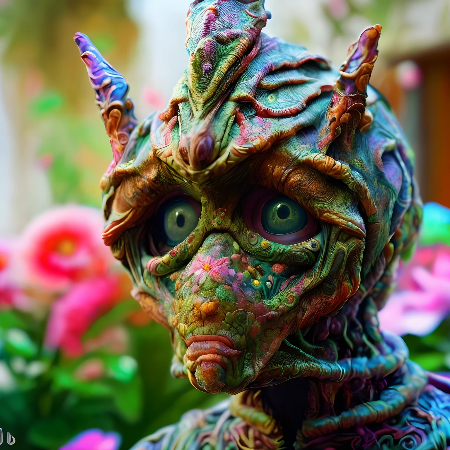 a close up of a person wearing a colorful mask and a flower, a hyper-detailed alien, alien creature, hyperdetailed fantasy character, bizarre alien creature, sci-fi lizardman, psychedelic organic cyborg, reptilian space alien, deepdream, portrait of a humanoid alien, humanoid creature, alien colorful greenery, highly intricate in technicolor