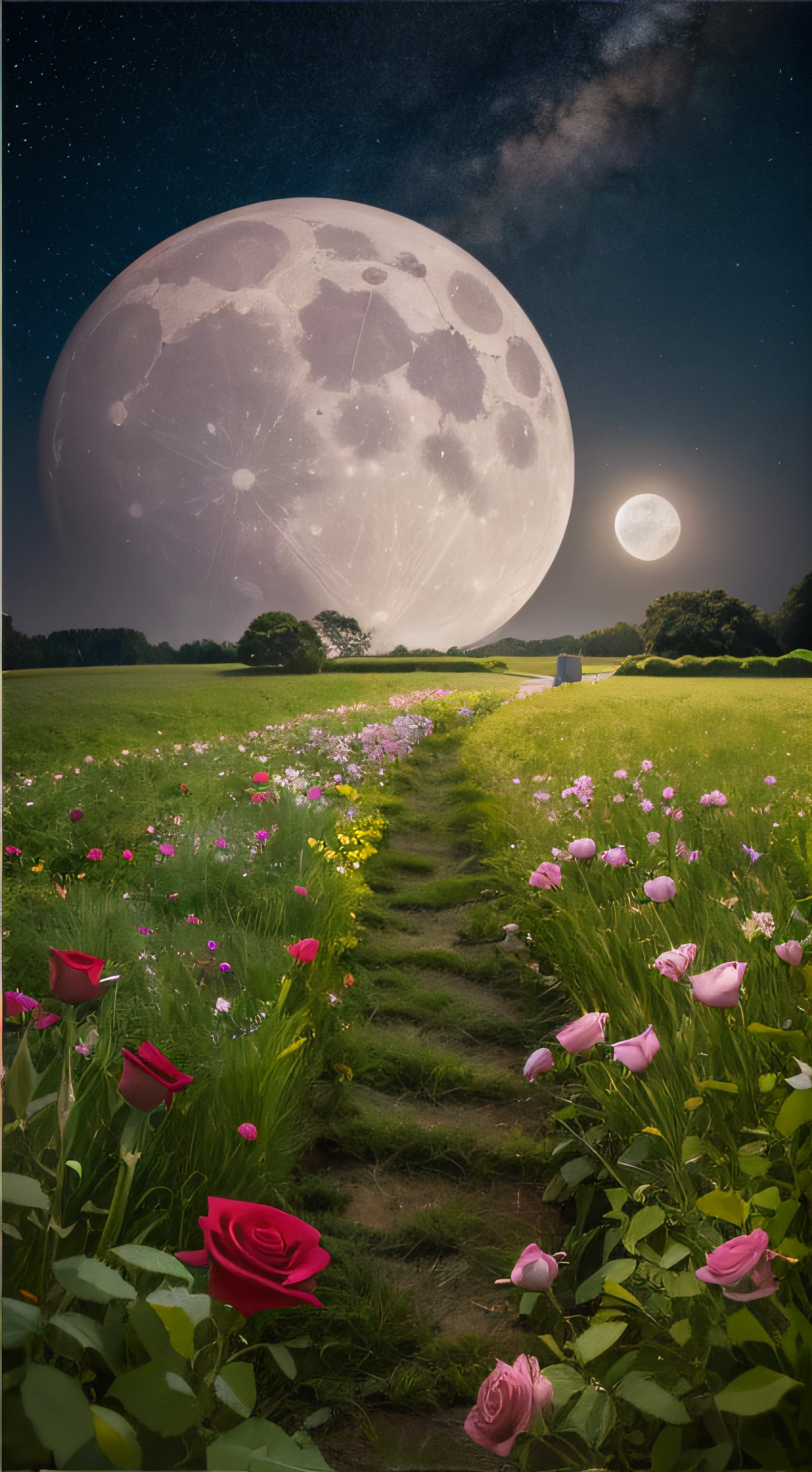 A round of oversized moons,Romantic starry sky,grassy fields,Look up,Rose garden,Romantic aesthetics,photorealestic,hyper HD,Master masterpieces,超高分辨率,Best quality,Award-winning photography