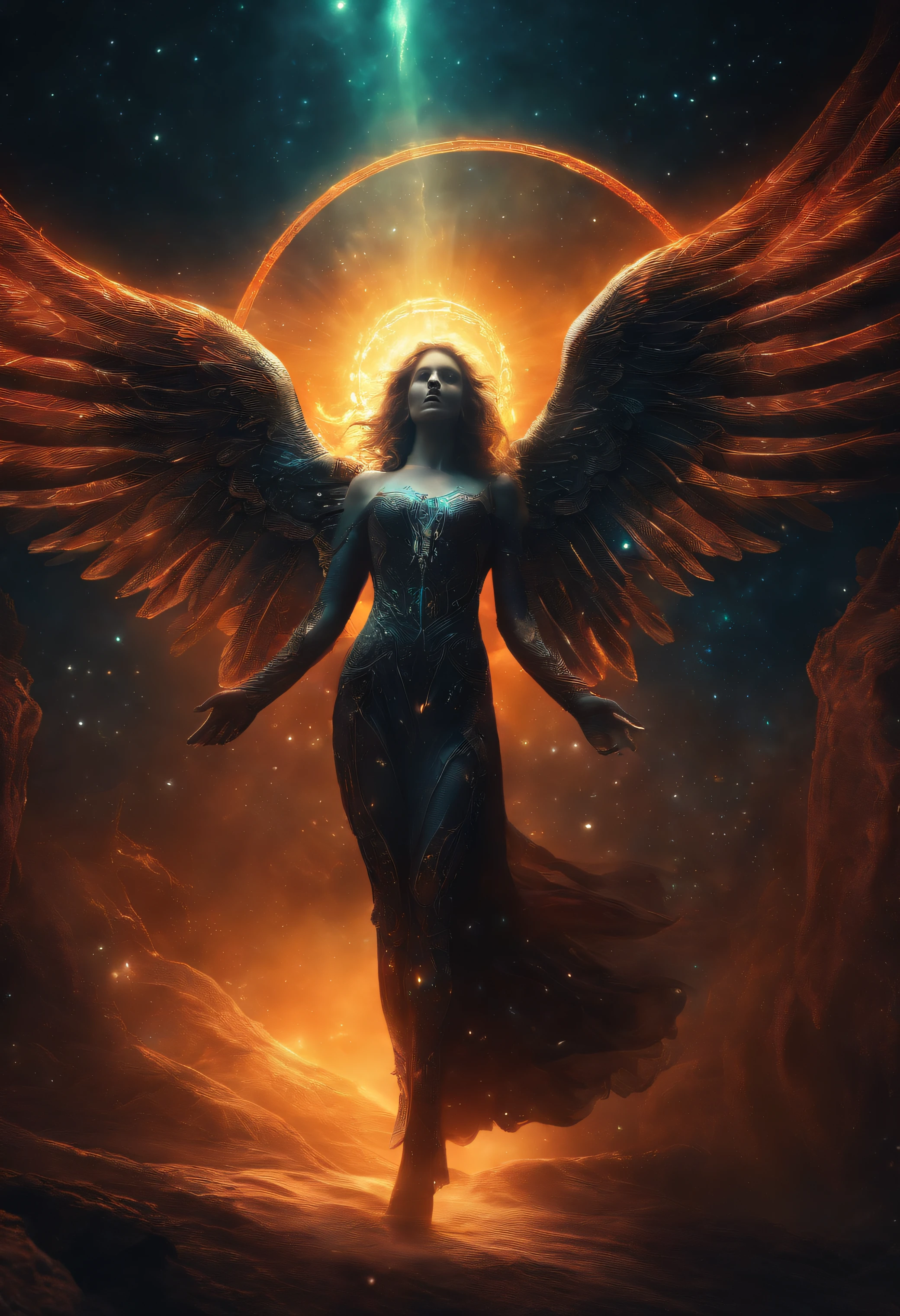 Fallen Angels of the Universe, glowing light eyes, biomechanical, eery, creepy, nightmarish, Very bright colors, light Particle, with light glowing, Musif, Wallpaper Art, UHD Wallpapers