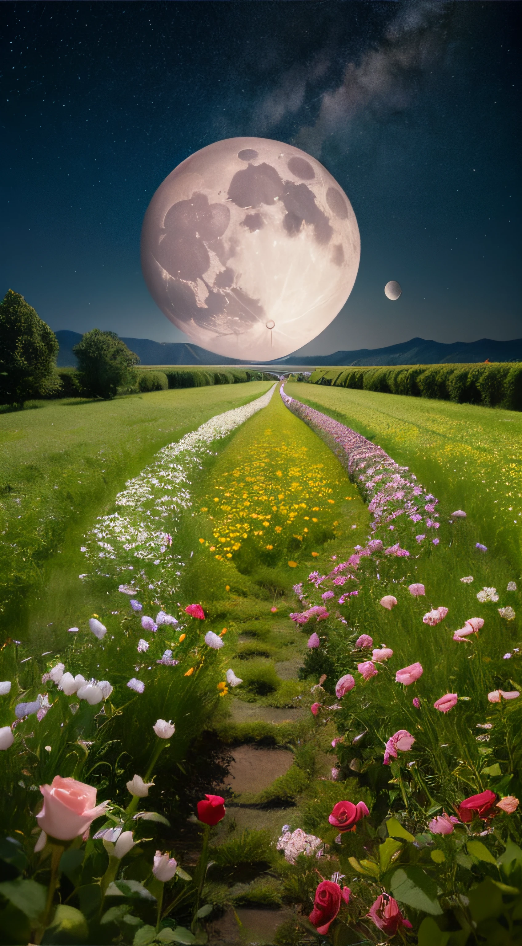 A round of oversized moons,Romantic starry sky,grassy fields,Look up,Rose garden,Romantic aesthetics,photorealestic,hyper HD,Master masterpieces,超高分辨率,Best quality,Award-winning photography