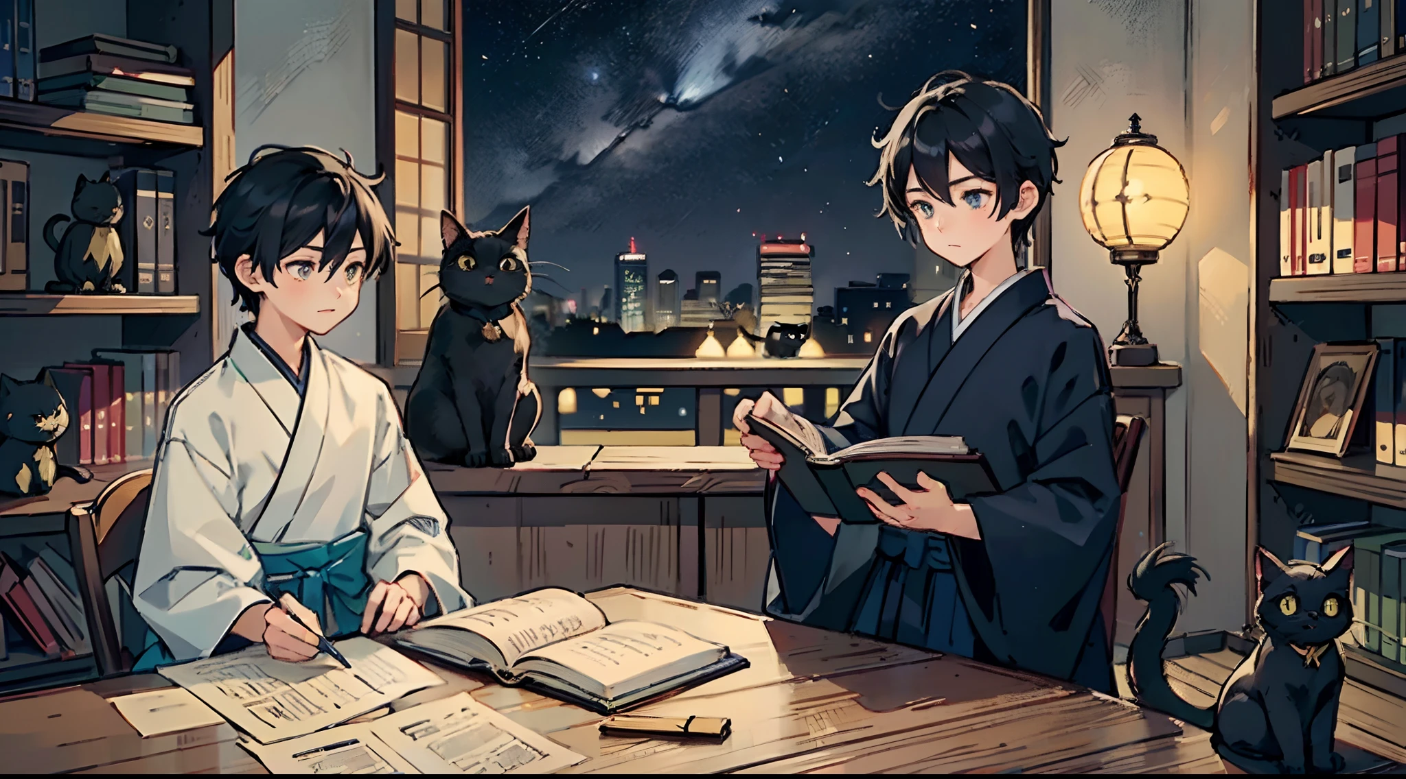 #Quality (intricate-detail、ultra-detailliert:1.2,cinematic shot),
#night landscape (navy blue night sky),
#one writing boy (16 male、writer,Honor Students、A dark-haired、short-hair、hakama,sit flat),
#dark room (only one candle,books on desk,pretty tatami,a lot of books,bookshelf,black cat)
