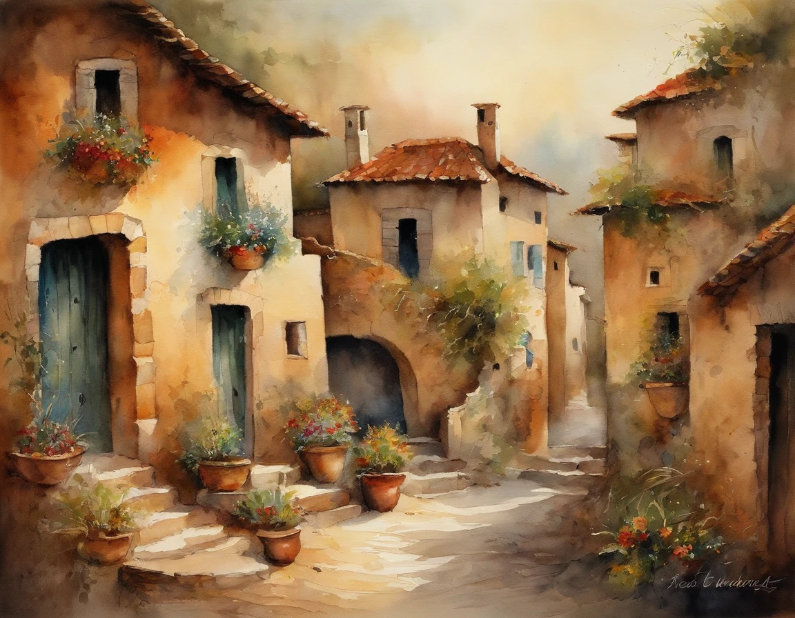 The artistic conception of ancient poetry integrates a variety of elements and the scene is atmospheric, houses in background