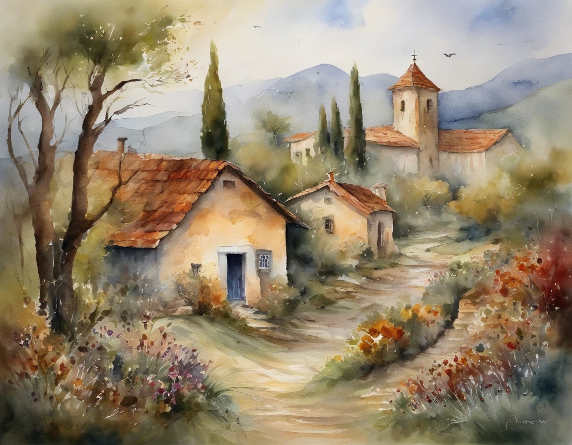 The artistic conception of ancient poetry integrates a variety of elements and the scene is atmospheric, houses in background