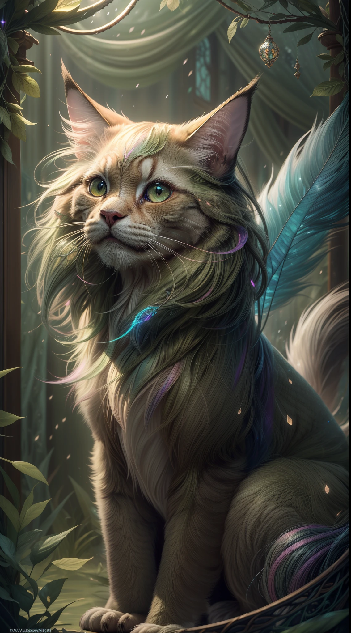 ((ultra-detailed)), (highly detailed CG illustration), ((an extremely delicate and beautiful maincoon)), cinematic light, Create a stunning fantasy artwork that mimics the style of currently trending masters of the genre. The art piece should contain elements of both mythic fantasy with colorful accents. ((Utilize various shades of olive green and watercolor pastels as the main color scheme.)) The maincoon in the artwork is a fluffy with an aura of mystery and magic, mesmerizing eyes with vibrant colors and bold shading. The fur of maincoon should be designed with gossamer feathers, silk, stunning embroidery, and subtle iridescent details. Incorporate dreamy colors, dynamic lighting, and detailed background elements to create a sense of awe and immersion. Include magical aura. Consider, (((masterpiece))), (((best quality)))