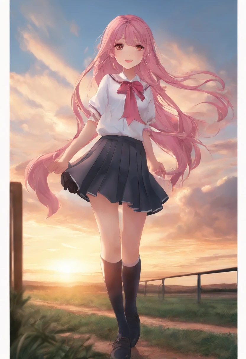 1girll, Solo, Long hair, Skirt, ribbon, sky, Cloud, Sunset, Pink hair, kneehighs, school uniform, Outdoors, Pleated skirt, sweeping bangs, standing, Dutch angle, view the viewer, Very long hair, Smile