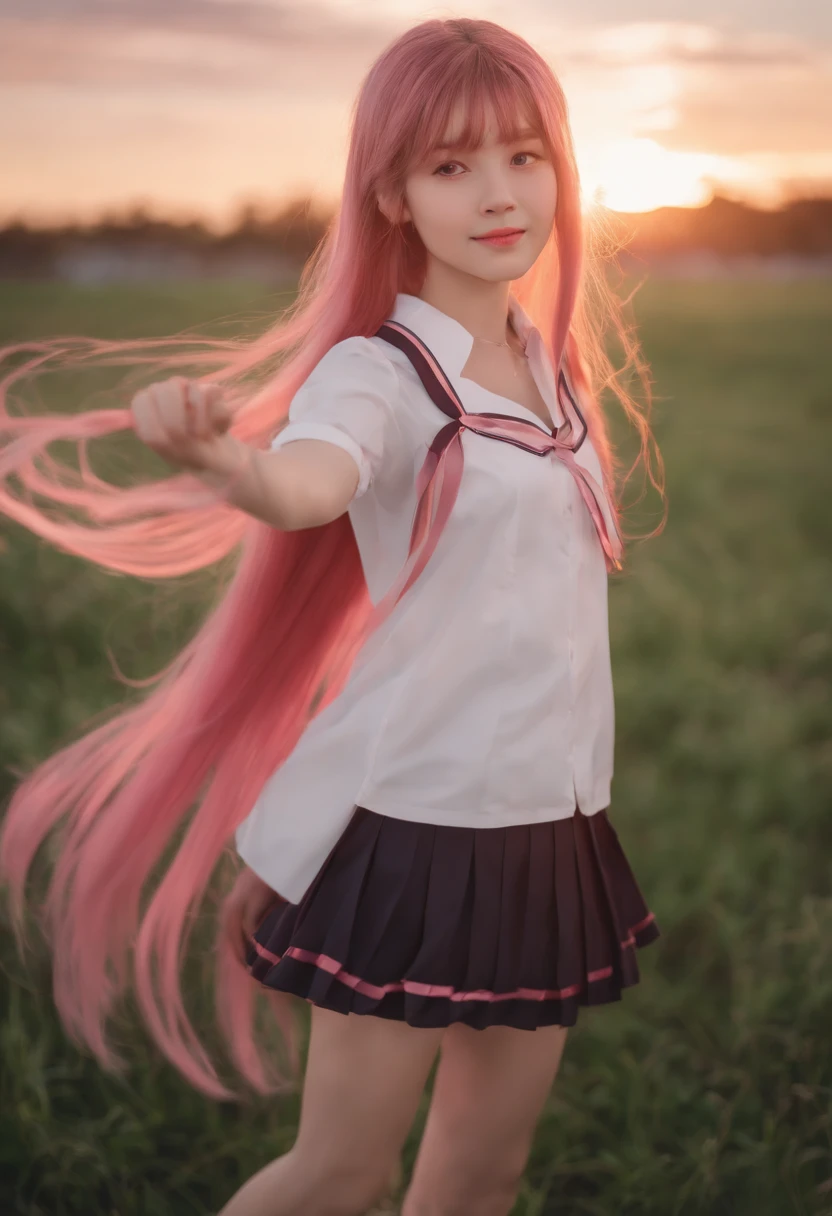 1girll, Solo, Long hair, Skirt, ribbon, sky, Cloud, Sunset, Pink hair, kneehighs, school uniform, Outdoors, Pleated skirt, sweeping bangs, standing, Dutch angle, view the viewer, Very long hair, Smile