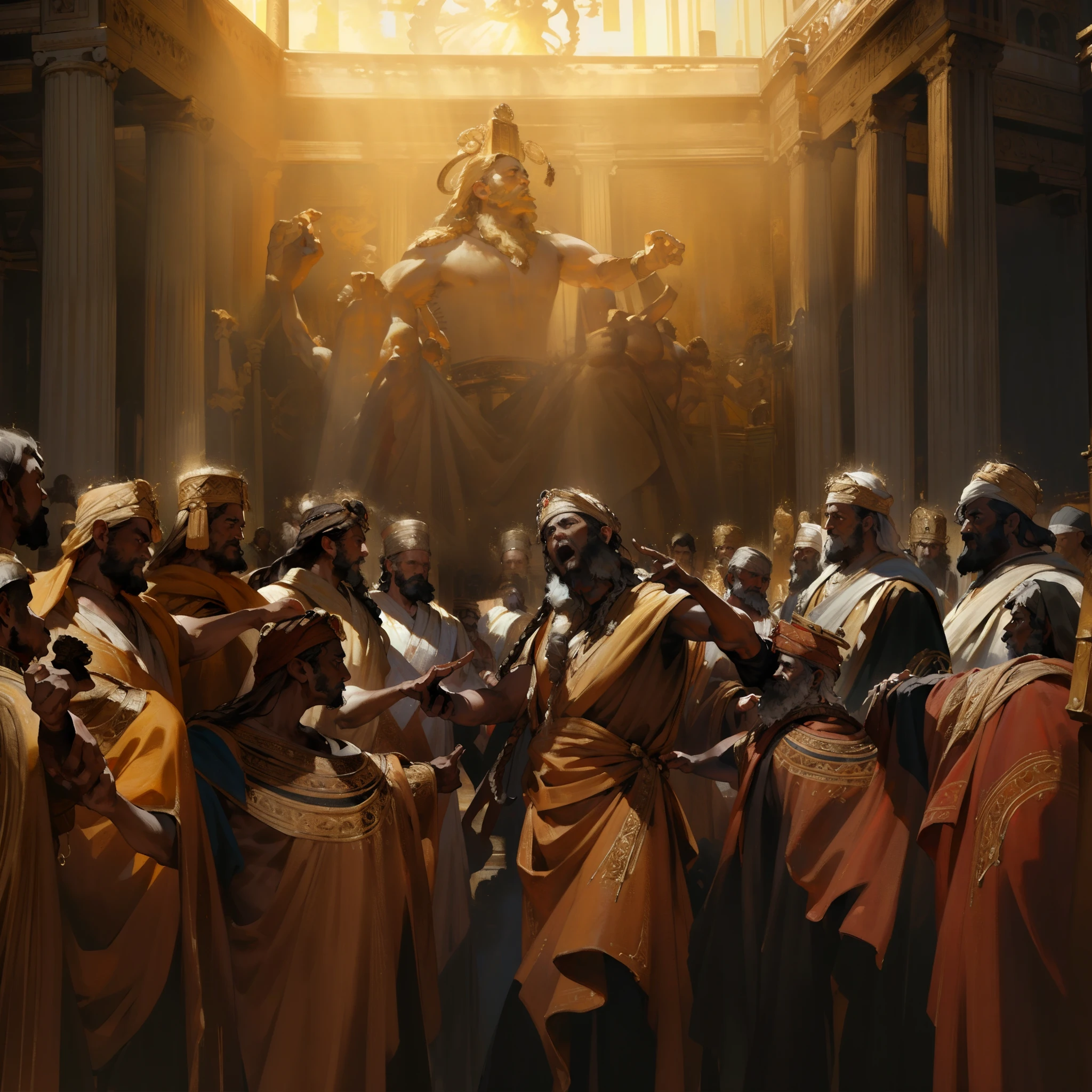 Group of black African men, with typical African clothing, arguing, angry, tense faces, chaotic atmosphere, place with Athens school style architecture, panoramic image, cinematic, dark lighting, rays of light, 1800s, African symbology and gold. painting, renaissance.best quality,4k,8k,highres,masterpiece:1.2,ultra-detailed,(realistic,photorealistic,photo-realistic:1.37),traditional medium,classic Renaissance painting,neoclassical style,portraits,classical sculptures,historical scenes,dramatic lighting,rich color palette,ornate backgrounds,exquisite details,realistic skin tones,muscular figures,idealized forms,dynamic poses,symbolic elements,religious themes,celestial creatures,angelic wings,detailed facial expressions,masterful brushstrokes,authentic textures,lush fabrics and draperies,majestic architecture,perspective and depth,grand compositions,mythological narratives,finely crafted figurines,harmonious color harmony,subtle chiaroscuro effects,meticulous attention to anatomical details,captivating storytelling,emotional intensity,historical accuracy,timeless beauty,insightful interpretations,symbolic gestures,transcendent atmosphere,ethereal beauty,ethos of classical art.