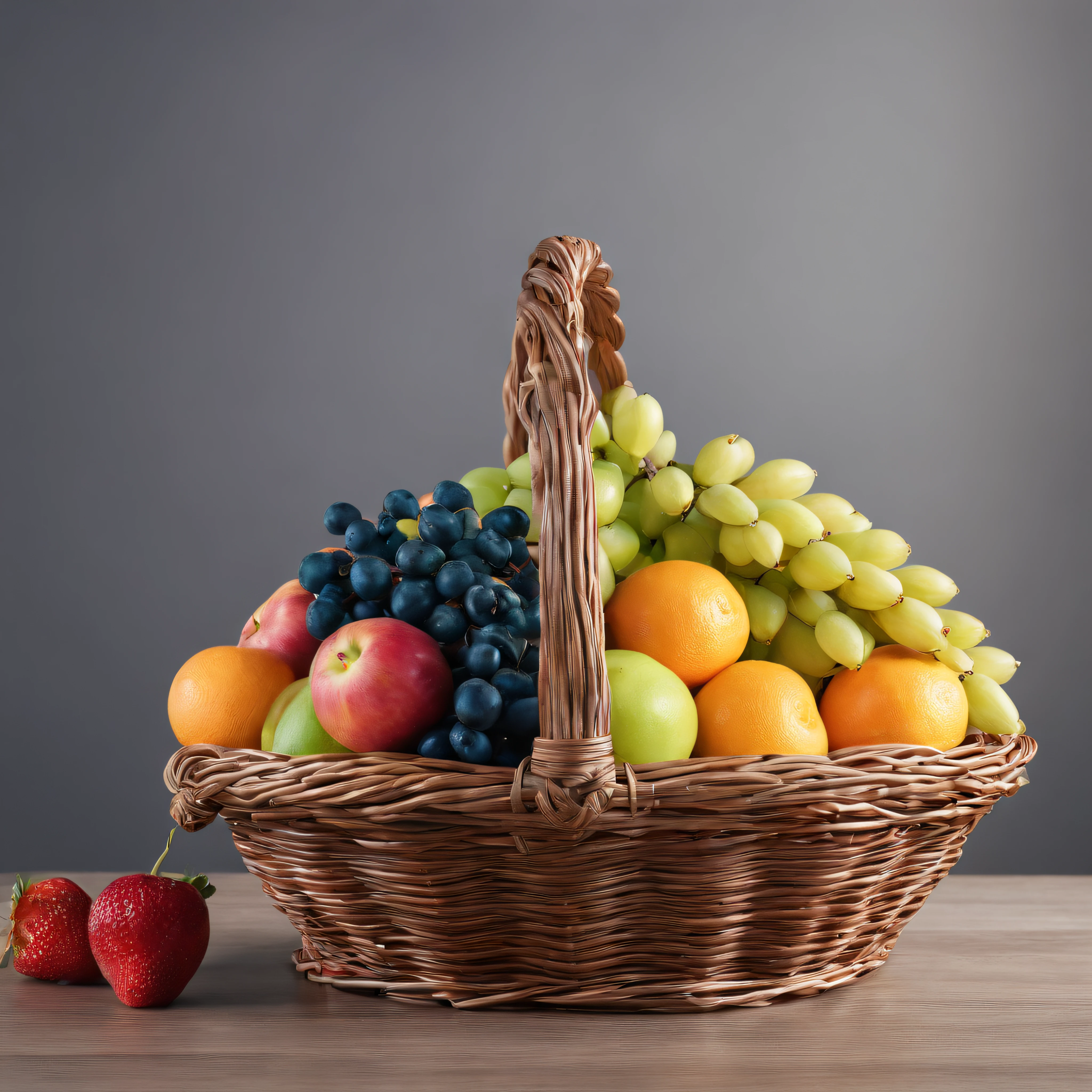 Fruit basket, on table , food photography, concentrating, 8K, rendered, Photographic Style, studio lights, Spring 60mm,by mucha