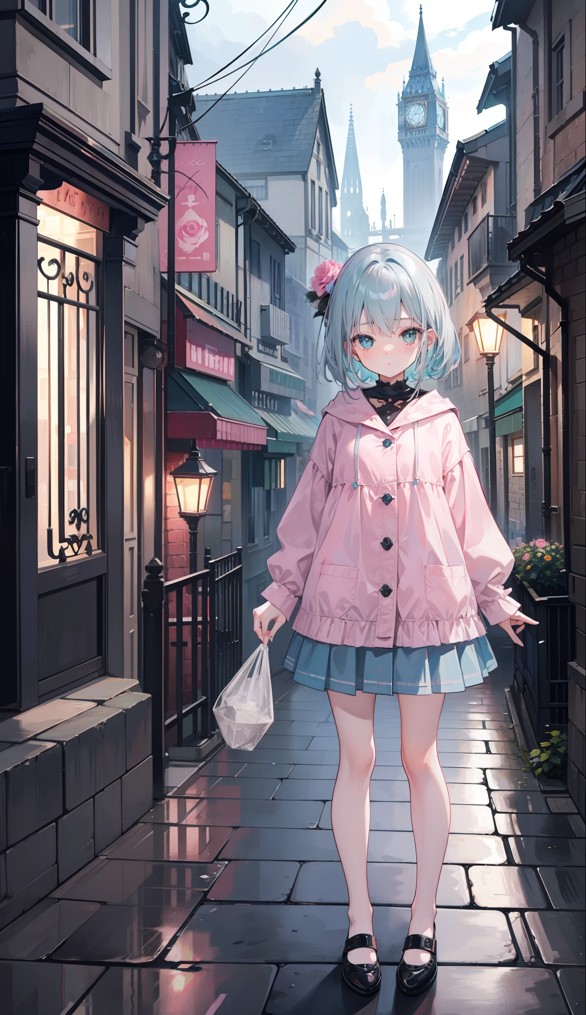 Gray-pink bangs，Blue-green eyes，cute female child，Streets at night，lamplight，Signboard，european buildings，Slate pavement，Rose flower，