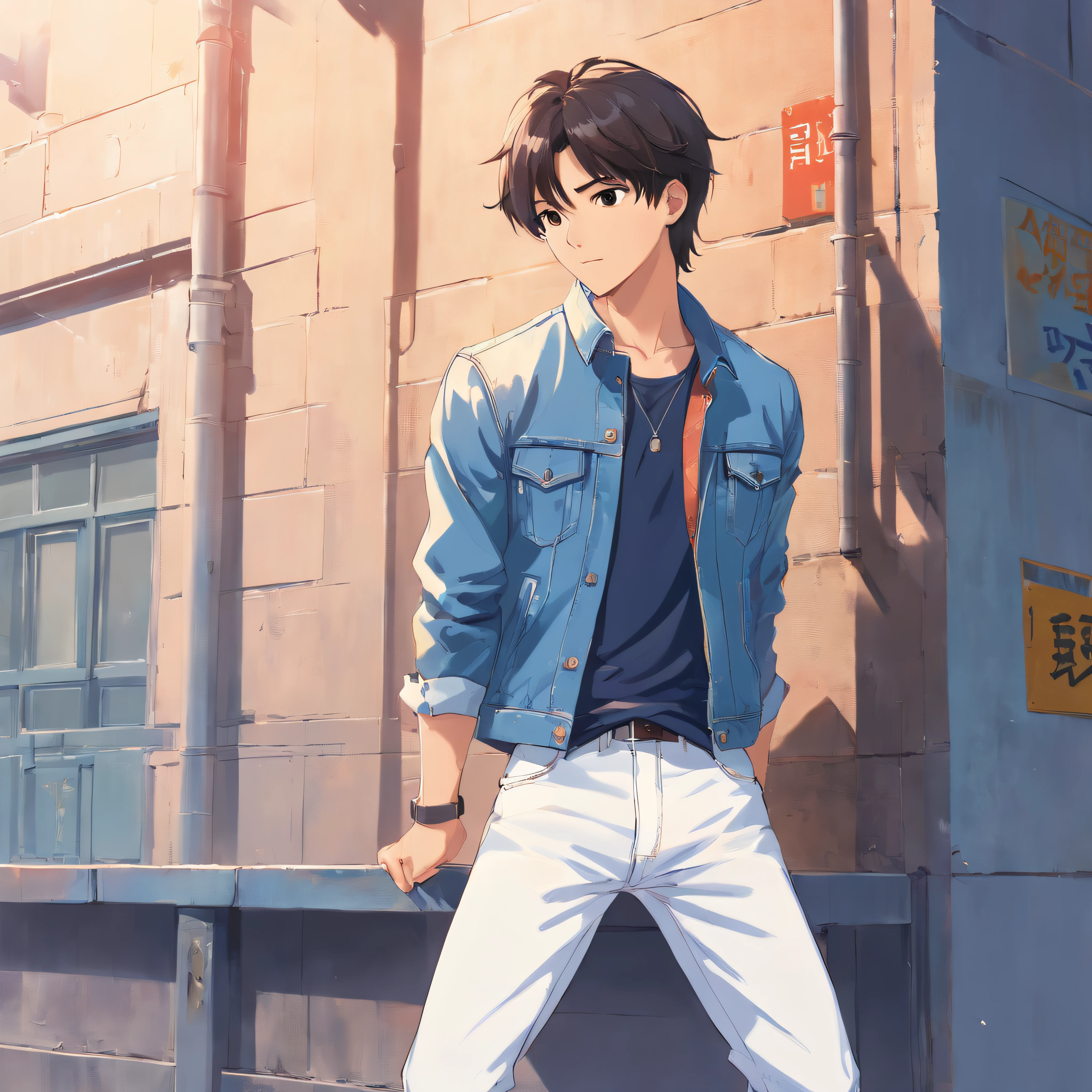 Alafed male model in white jeans and denim jacket leaning against wall, Korean Male, Jinyoung Shin, korean muscle boy 2 1 years old, model with attractive body, Cai Xukun's, taejune kim, male model, siwoo kim, inspired by Joong Keun Lee, Hyuntae, inspired by jeonseok lee, sun-hyuk kim, with abs