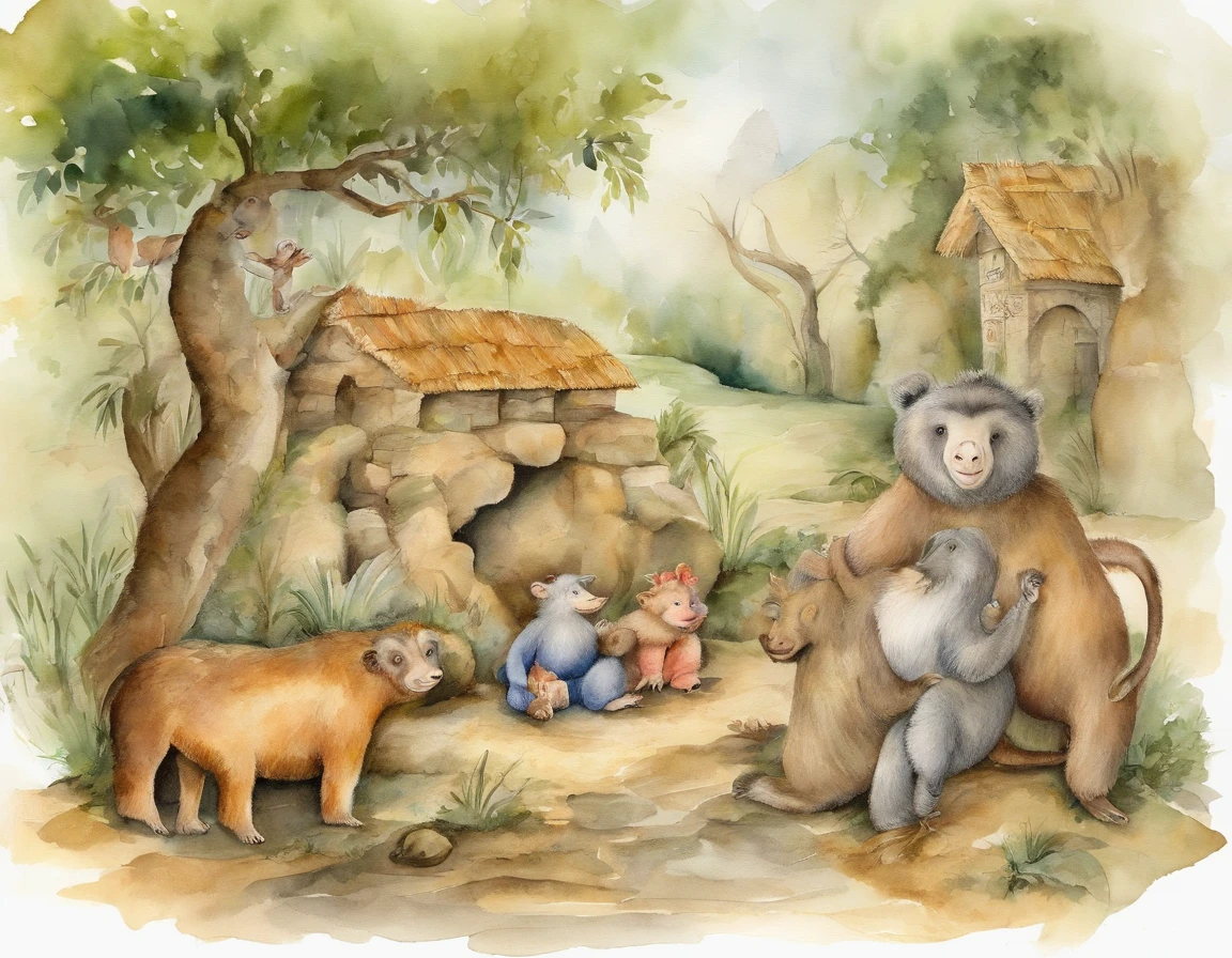 The artistic conception of ancient poetry integrates a variety of elements and the scene is atmospheric, design for kids, a bear, a monkey, a giraffe, a pig, playing
