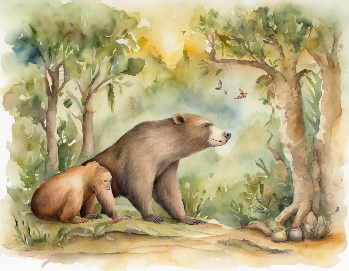 The artistic conception of ancient poetry integrates a variety of elements and the scene is atmospheric, design for kids, a bear, a monkey, a giraffe, a pig, playing