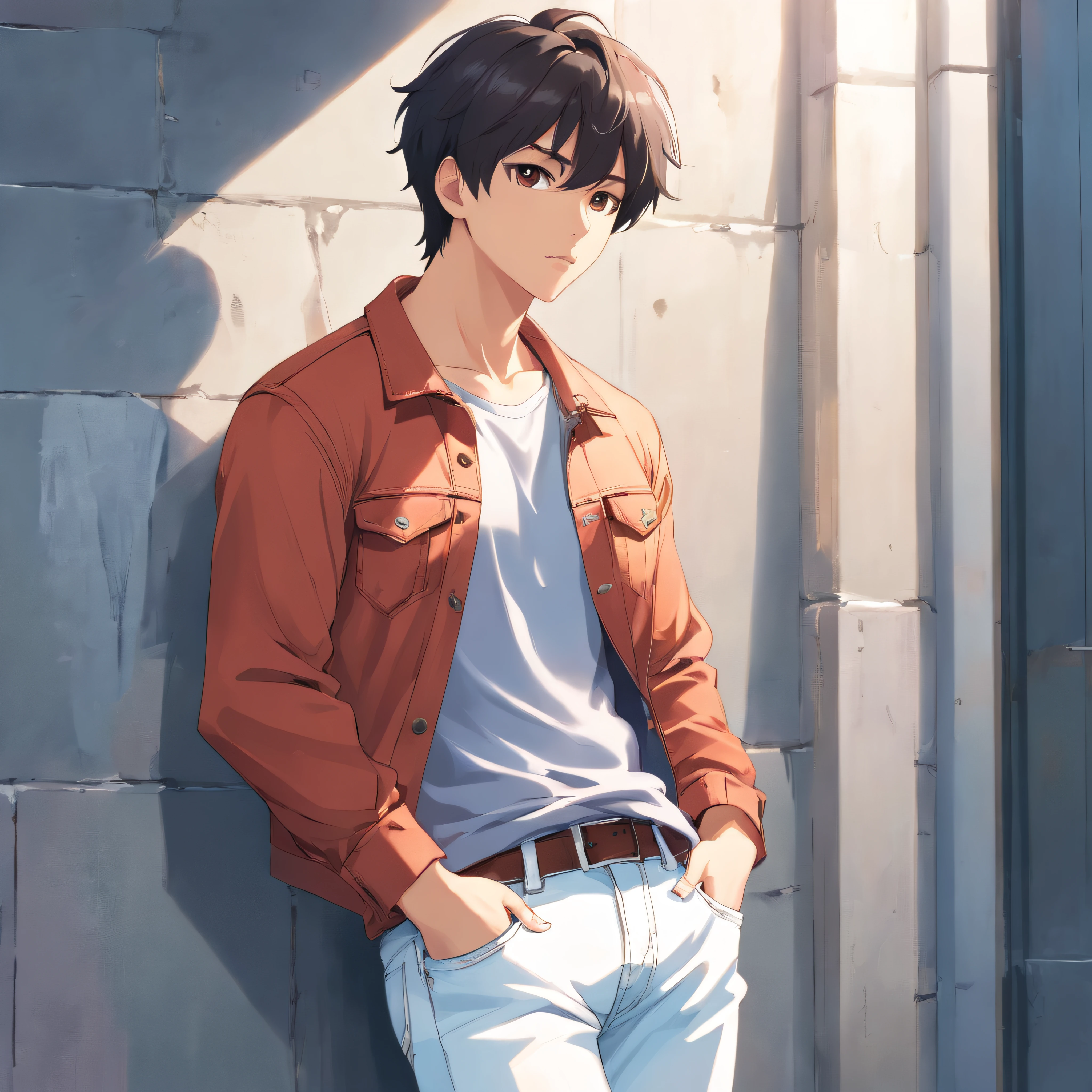 Alafed male model in white jeans and denim jacket leaning against wall, Korean Male, Jinyoung Shin, korean muscle boy 2 1 years old, model with attractive body, Cai Xukun's, taejune kim, male model, siwoo kim, inspired by Joong Keun Lee, Hyuntae, inspired by jeonseok lee, sun-hyuk kim, with abs