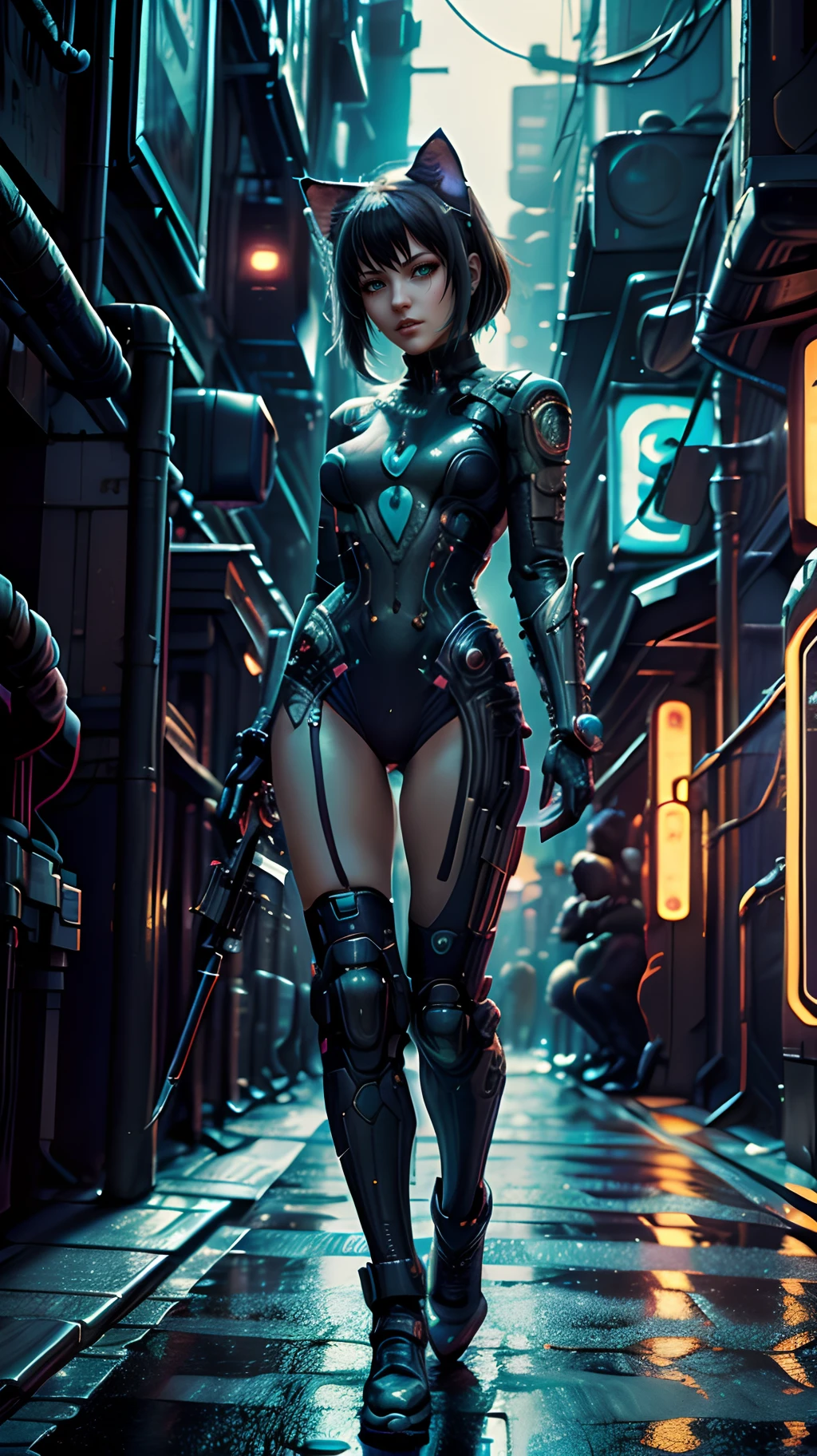 (ohwx woman), full body shot, cyberpunk woman sniper, cyberbody, cablelink connected to sniper rifle, dynamic shooting pose, aiming using sniper rifle, realistic full body shot, dynamic, extremely detailed eyes and face, beautiful detailed lips, longeyelashes, intricate machinery, sleek futuristic design, neon lights, moody lighting, cinematic composition, dramatic camera angle, immersive background of cyberpunk wastelands, vivid colors, photorealistic, 8k, best quality