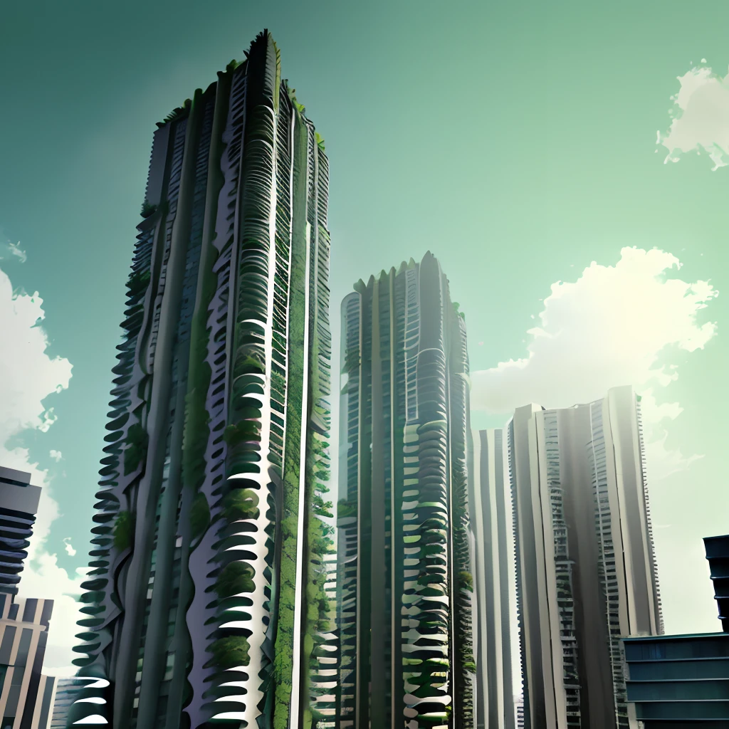 modern, tall building with it's structure inspired by a crocodile's skin texture, teeth and tail. green brutalist style, with balconies and green roof