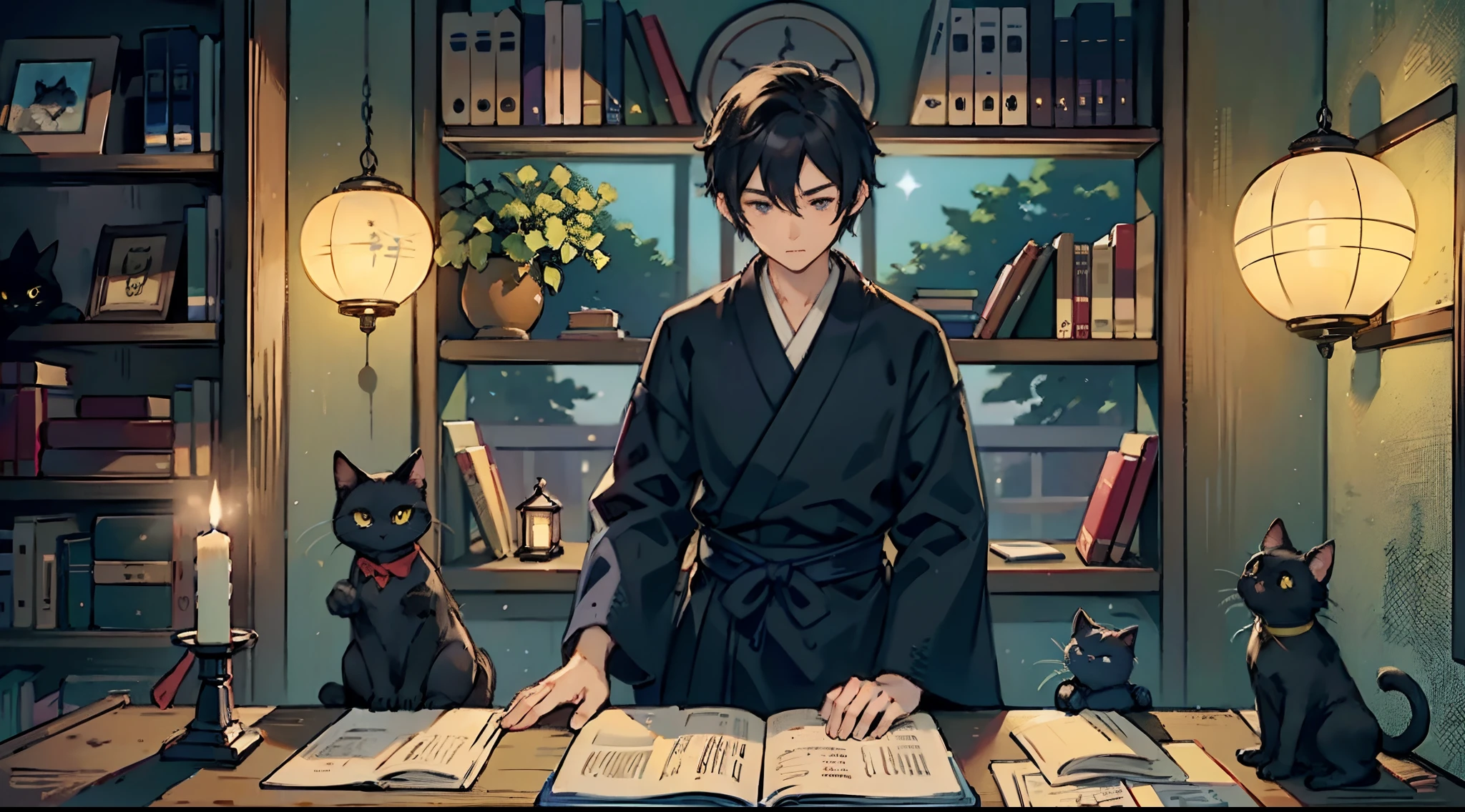 #Quality (intricate-detail、ultra-detailliert:1.2,cinematic shot),
#night landscape (navy blue night sky),
#one writing boy (16 male、writer,Honor Students、A dark-haired、short-hair、hakama,sit flat),
#dark room (only one candle,books on desk,pretty tatami,a lot of books,bookshelf,black cat)