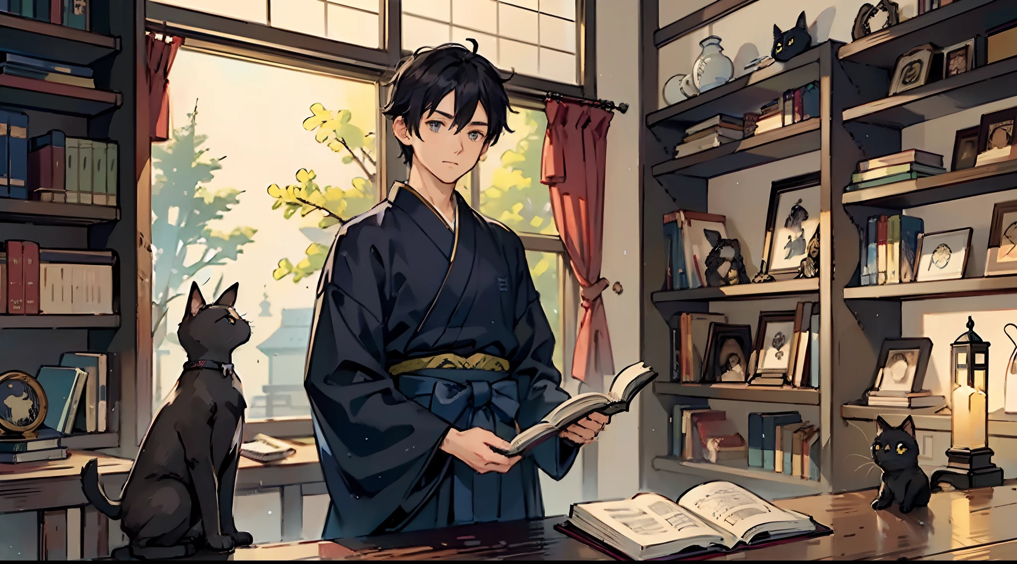 #Quality (intricate-detail、ultra-detailliert:1.2,cinematic shot),
#night landscape (navy blue night sky),
#one writing boy ( male、writer,Honor Students、A dark-haired、short-hair、hakama,sit flat),
#dark room (only one candle,books on desk,pretty tatami,a lot of books,bookshelf,black cat)