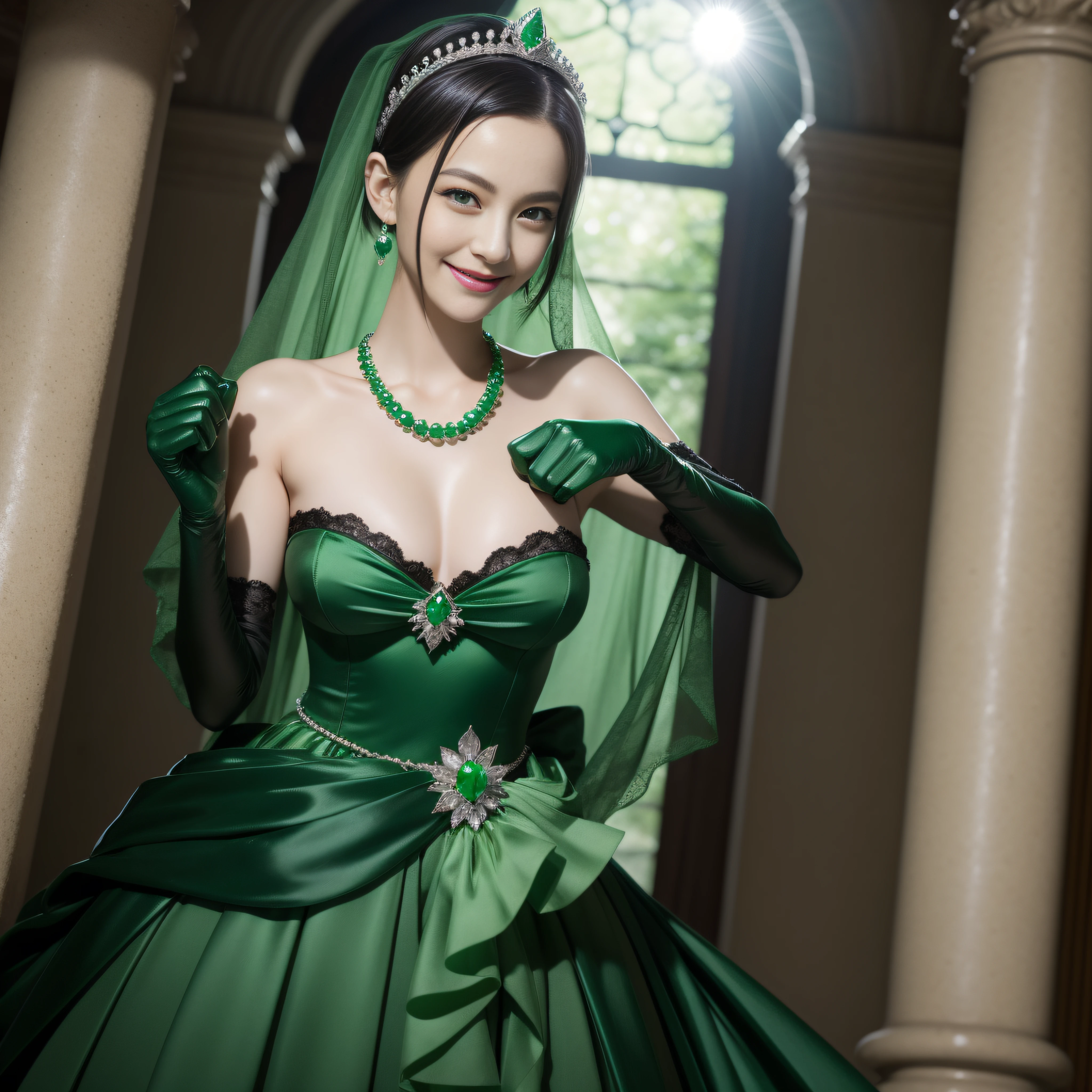 emerald tiara, Green Pearl Necklace, Boyish very short black hair, lipsticks, Japan woman smiling, Long green gloves made of satin material, very short short hair, fist, big breasts beautiful, Green eyes