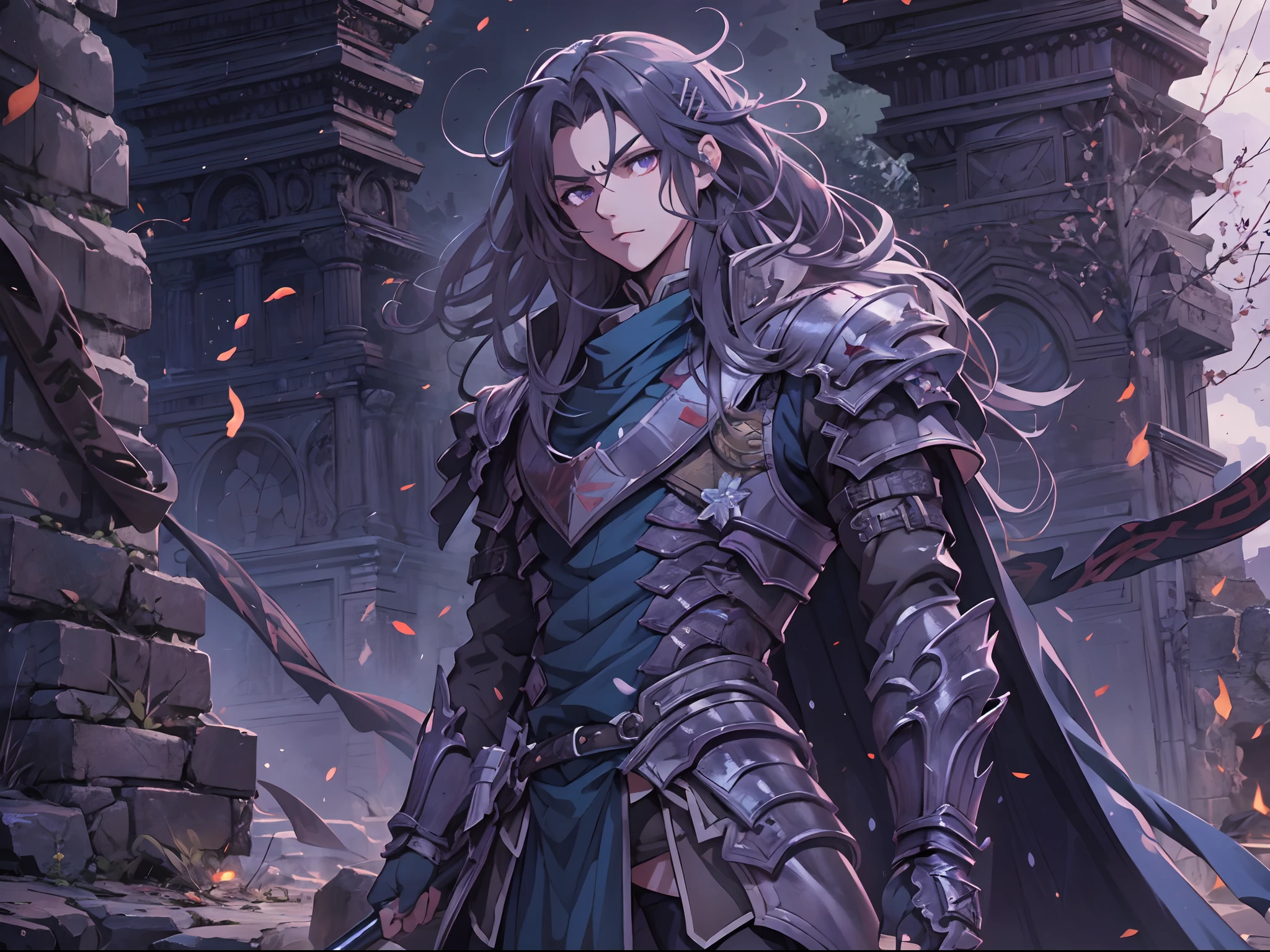 Ultra High Definition, Ultra High Quality, Extremely Detailed, 8k, 1 Boy, Rudeus Greyrat From Mushoku Tensei Anime, Handsome, Armored With War General Armor, Pure Purple Pupil Eyes, Long Haired Tied With Chinese Hairpin, Body To Legs Body Shot, Ancient Ruins Background,