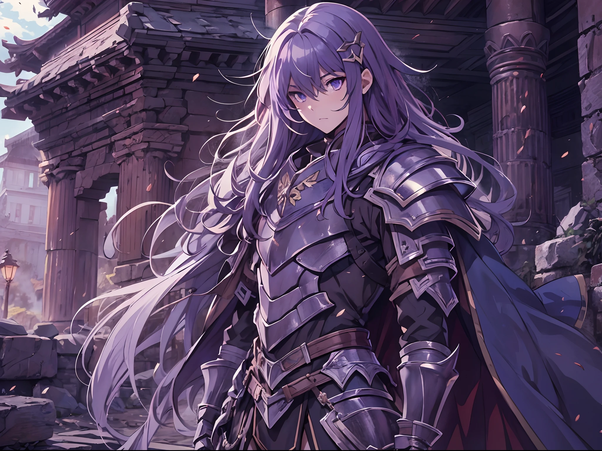 Ultra High Definition, Ultra High Quality, Extremely Detailed, 8k, 1 Boy, Rudeus Greyrat From Mushoku Tensei Anime, Handsome, Armored With War General Armor, Pure Purple Pupil Eyes, Long Haired Tied With Chinese Hairpin, Body To Legs Body Shot, Ancient Ruins Background,