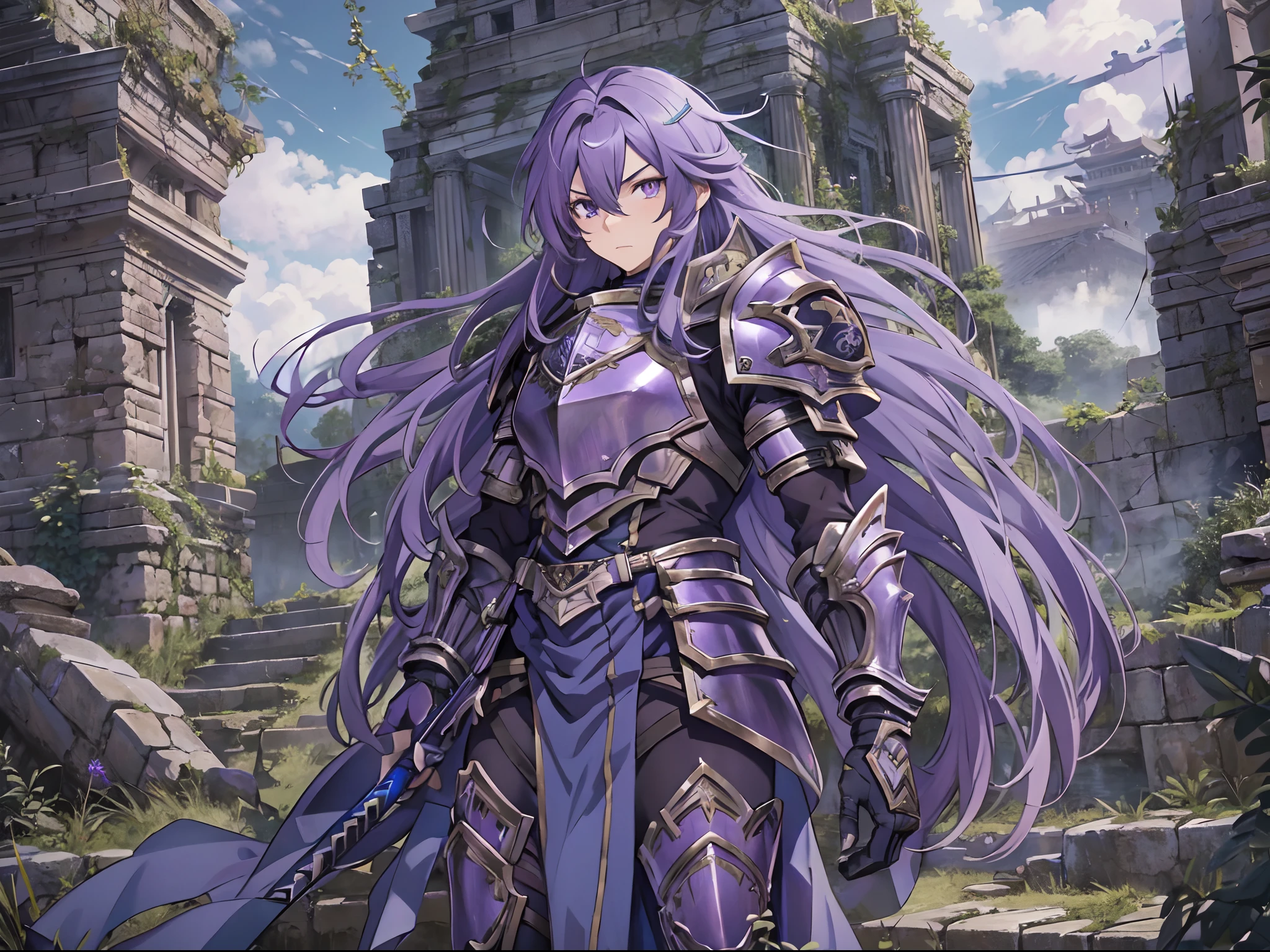 Ultra High Definition, Ultra High Quality, Extremely Detailed, 8k, 1 Boy, Rudeus Greyrat From Mushoku Tensei Anime, Handsome, Armored With War General Armor, Pure Purple Pupil Eyes, Long Haired Tied With Chinese Hairpin, Body To Legs Body Shot, Ancient Ruins Background,