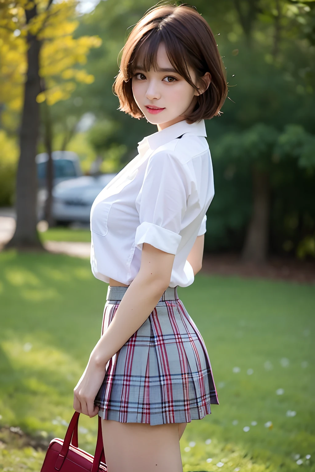 nsfw, 8K raw photo, Best quality, masterpiece, ultra high res, film grain, filmg, 1girl, looking at viewer, natural skin texture, realistic eye and face details, full lips, lipstick, (makeup), red eyeshadow, fluffy short hair, messy hair, smile, close mouth, beautiful legs, tall female, skinny, slim_legs, solo, enormous breast, cleavage, Pose with buttocks facing you, ultra short skirt, ass, shirt, beautiful nature location, around flower location, (detailed background), plaid skirt, white shirt, enormous breast, cleavage, Show a little cleavage through the shirt, loafers, blurry background, blurry, holding, plaid, short sleeves, jk ribbon on the neck, jk ribbon, brown hair, bracelet, water, bangs, school uniform, jewelry, parted lips, lips, from side, pleated skirt, depth of field