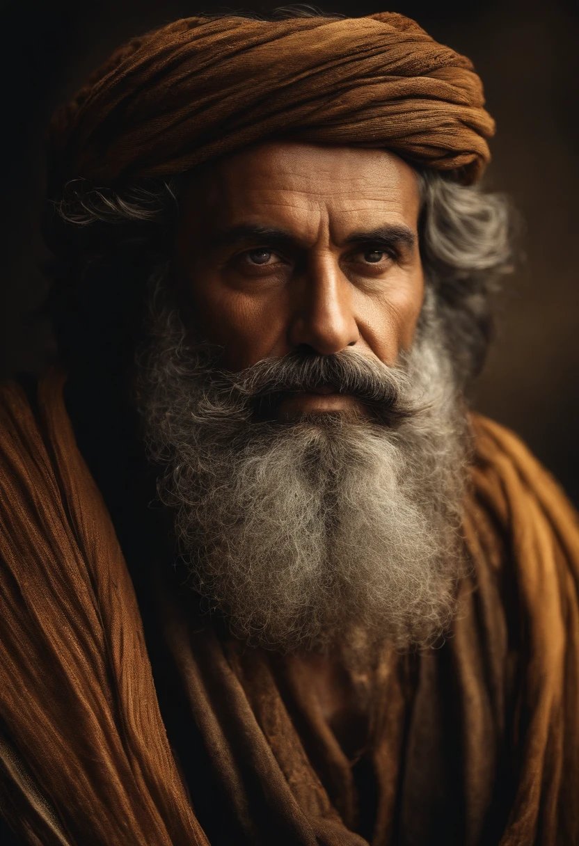 "Portrait of a wise and imposing man, de 40 anos, magro, barbudo e com cabelos grisalhos, with a serious expression and an air of experience. highes definition. Inspiration of ancient Greek man."