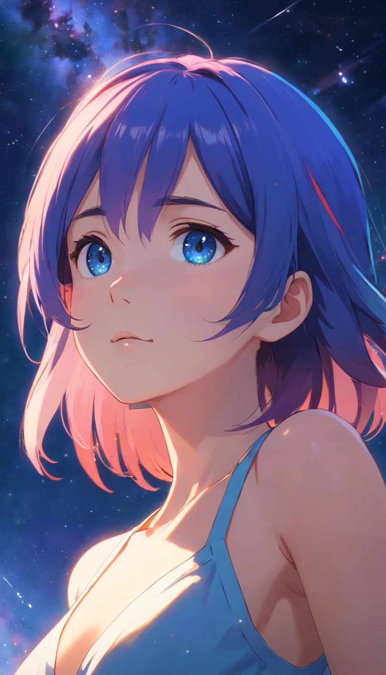(1girl: 1.3), (Pretty Face, Pretty Eyes: 1.0), (Lens 135mm f1.8, Core Shadow, Movie Light, Dynamic Light, Particle Light, Drama Light: 1.1), (High Resolution, Octane Rendering , ultra-detailed ray tracing, 8k: 1.2), (rough outline: 1.4), big eyes, ((((upper body)))), close-up, iridescent eyes, star eyes, starry sky, ((nebula breast background)) , colorful hair, realistic shadows, high quality shadows, medium breasts
