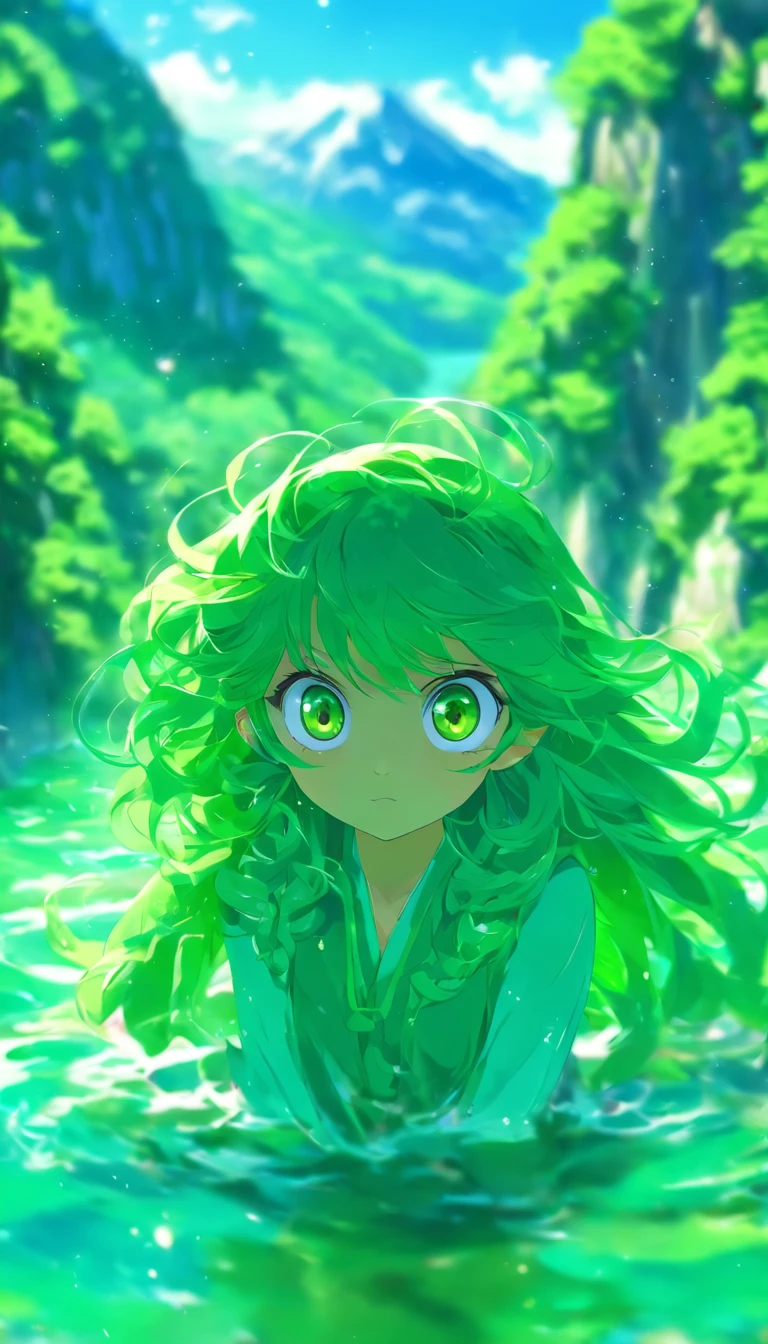 Costume, Long hair, Girl, Big eyes, Green Mountains and Green Water,