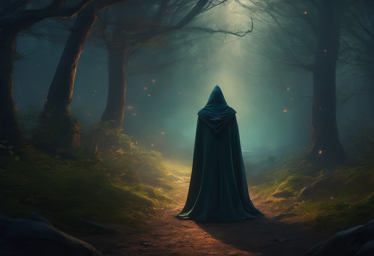 (best quality,4k,8k,highres,masterpiece:1.2),ultra-detailed,(realistic,photorealistic,photo-realistic:1.37),Caveira (unrealistic:0.9),Caveira's highly detailed black hood in a dark forest,forest dim lighting,forest mist,stealth,unreal engine 5 rendering,unreal engine 5 cinematic graphics,cinematic,suspenseful ambiance,moody atmosphere,hooded figure,cloaked figure,foggy dark forest,foreboding shadows,ominous surroundings