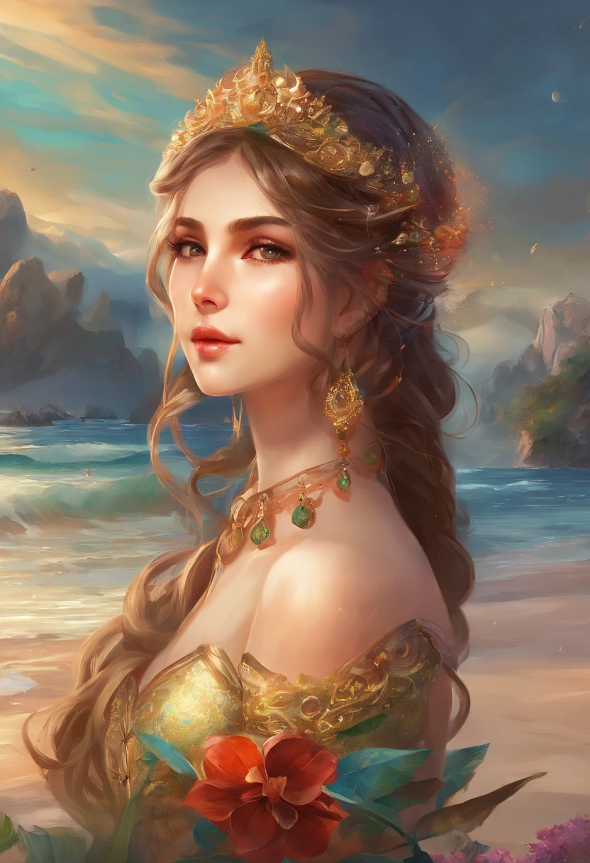Masterpiece:1.4),, (Best quality:1.4),, Ultra-high RES,, 8K, CG,, (Extremely delicate and beautiful:1.2),,The upper part of the body,, 1girll,, Solo,, fashi-girl,, Mature girl,, , huge tit, Sweet,, , Sea backgroun，the reef，swell sea，Long brown hair,, pony-tail hair,, , Brown eyes,, Closed mouth,, Red lips,, , Face blown by the wind,, ,Delicate depiction of facial features，almond eyes，Delicate eyeliner。long eyelasher，Green pupils，Black pupils，There is starlight in the eyes，Delicate lip detailing，Oil painting quality，Thick painting style， Venus Beauty，the ocean，foamy，Standing on a huge shell