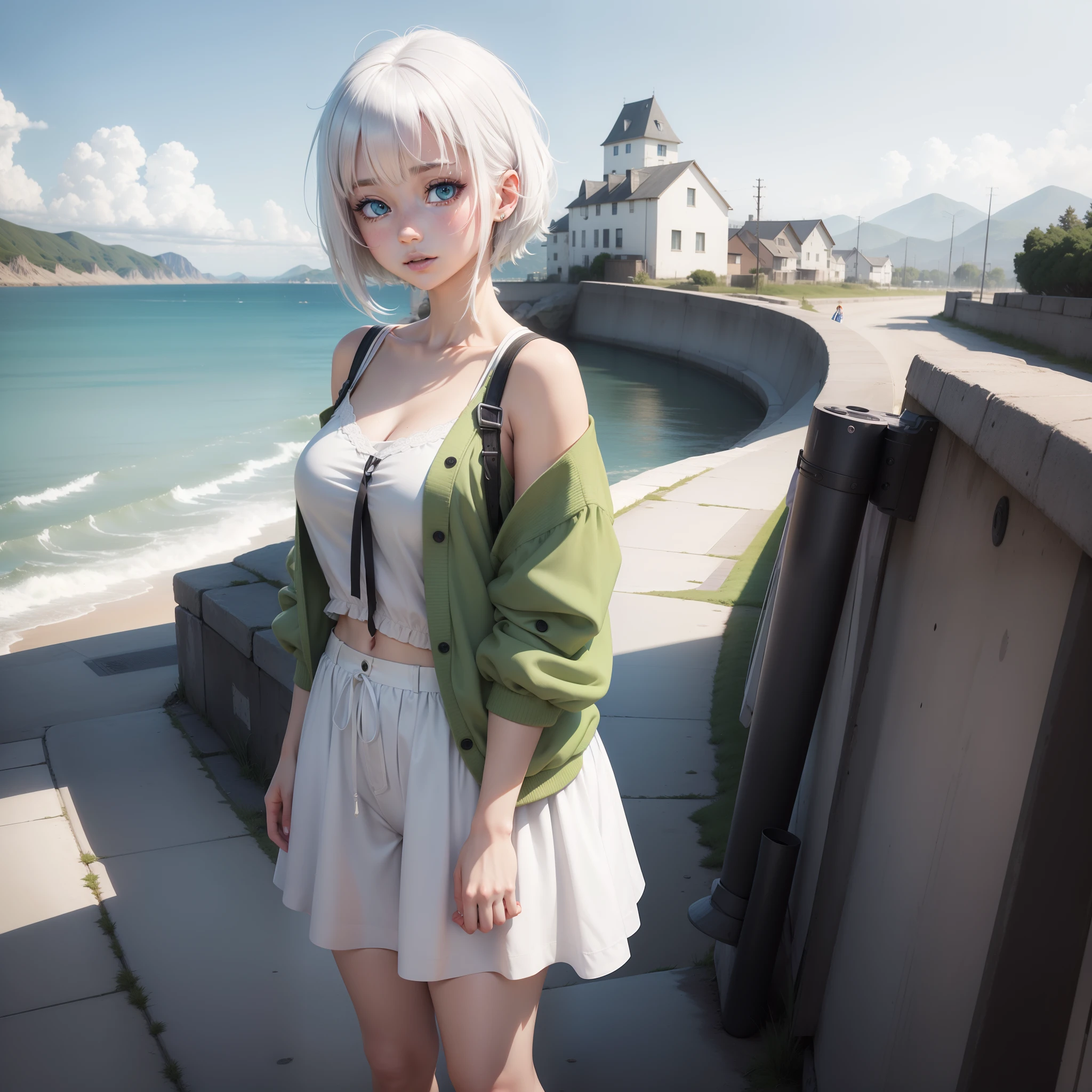 Girl_21ans,anime_style,high_resoultuion,white_hair_short,bleu_eye,green_eye_full_body,looking_at_viewr,cute_face,white_skin,perfect_body,modern_clothes,landscape_background,8k.