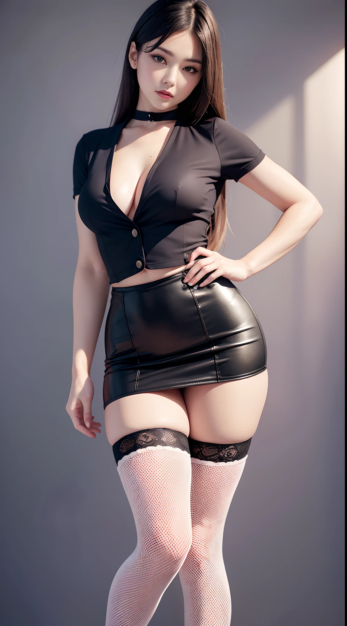 (Best quality,4K,8K,A high resolution,Masterpiece:1.2),Ultra-detailed,(Realistic,Photorealistic,photo-realistic:1.37),Alfie,Pose in a short skirt and high heels,Show off her legs and skirt,Wear skirts and thigh-high stockings,cute female student,Korean girl,Wearing a skirt,Mini skirt,Super sexy clothing,Supertube skirt,thigh-high stocking,beautiful face with arms and legs,2 4--old ale model,Sexy fashion
