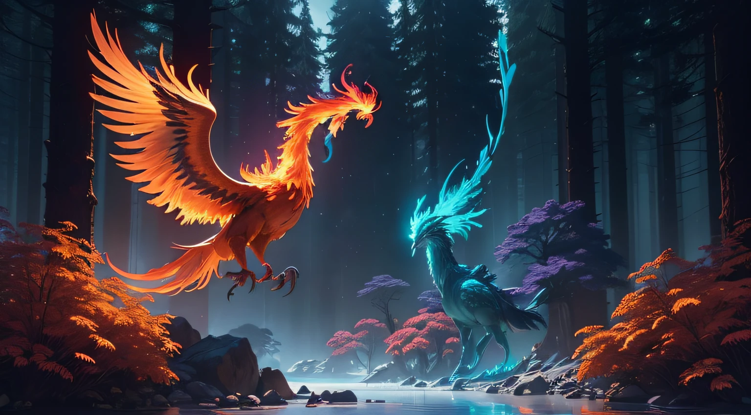 Awe-inspiring 3D rendering scene featuring a mythical phoenix, Burning with radiant flame, Soaring above the mystical, Bioluminescent forest at night. The medium must be 3D modeling and rendering, Similar to the meticulous craftsmanship found in video game landscapes like "The Elder Scrolls V: Skyrim." Adopt the seductive, Air-like lighting setup, Shine a rainbow glow on the vibrant flora and fauna below. The color palette should be drawn from vivid, James Cameron's Luminescent Hue "avatar." Using Sony A7R IV Wide Angle Lens、Capture the majestic expanses of this enchanting forest. The composition should focus on the fiery plumage of the phoenix against a fascinating background, glowing forest.