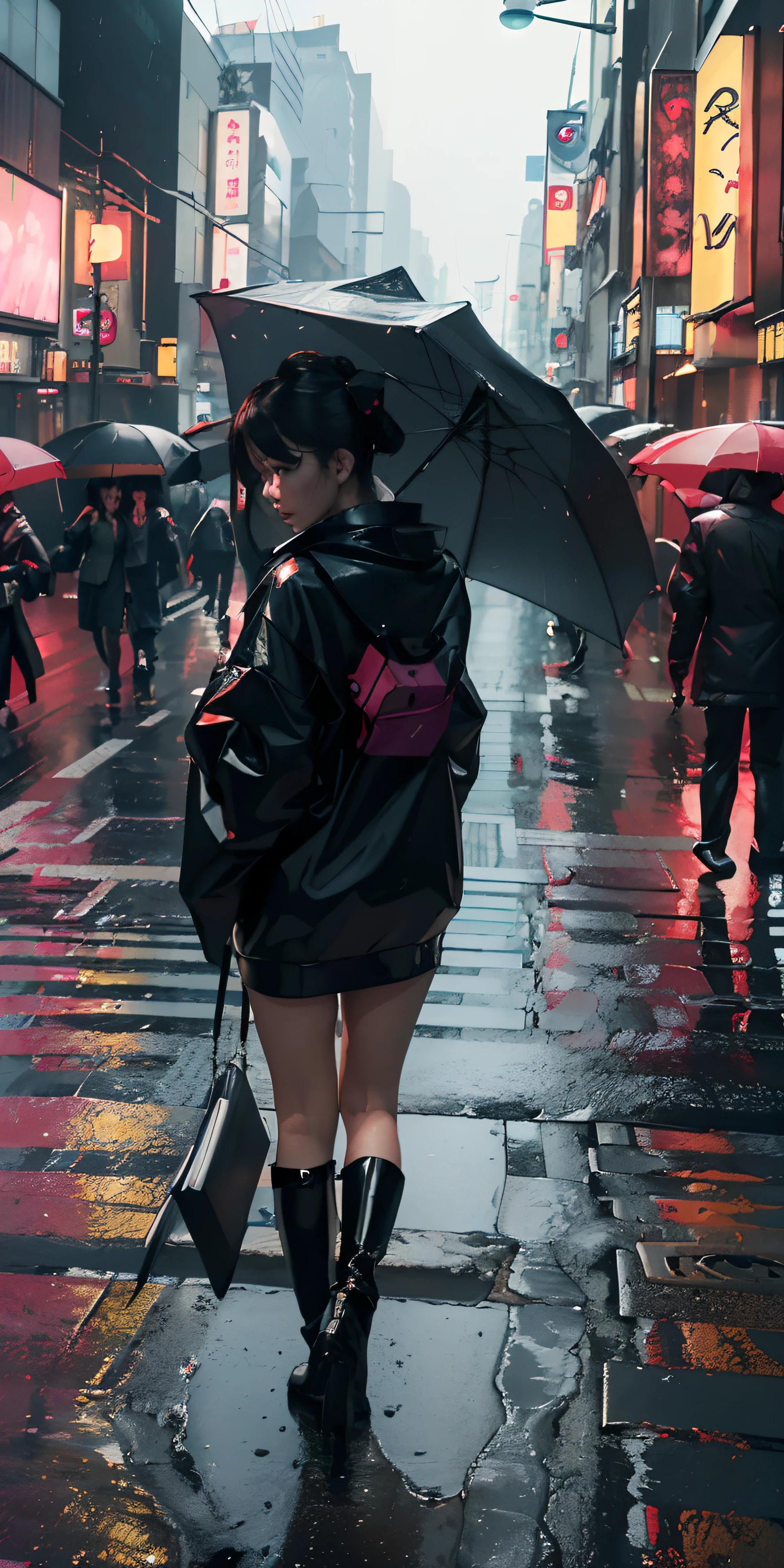 (best quality,4k,8k,highres,masterpiece:1.2),ultra-detailed,(realistic,photorealistic,photo-realistic:1.37),Tokyo street,spacious rainy street,dark theme illuminated by neon lights,cyberpunk geisha,crowded pedestrians with colorful umbrellas,intense,traffic lights,zebra crossing,biohazard.