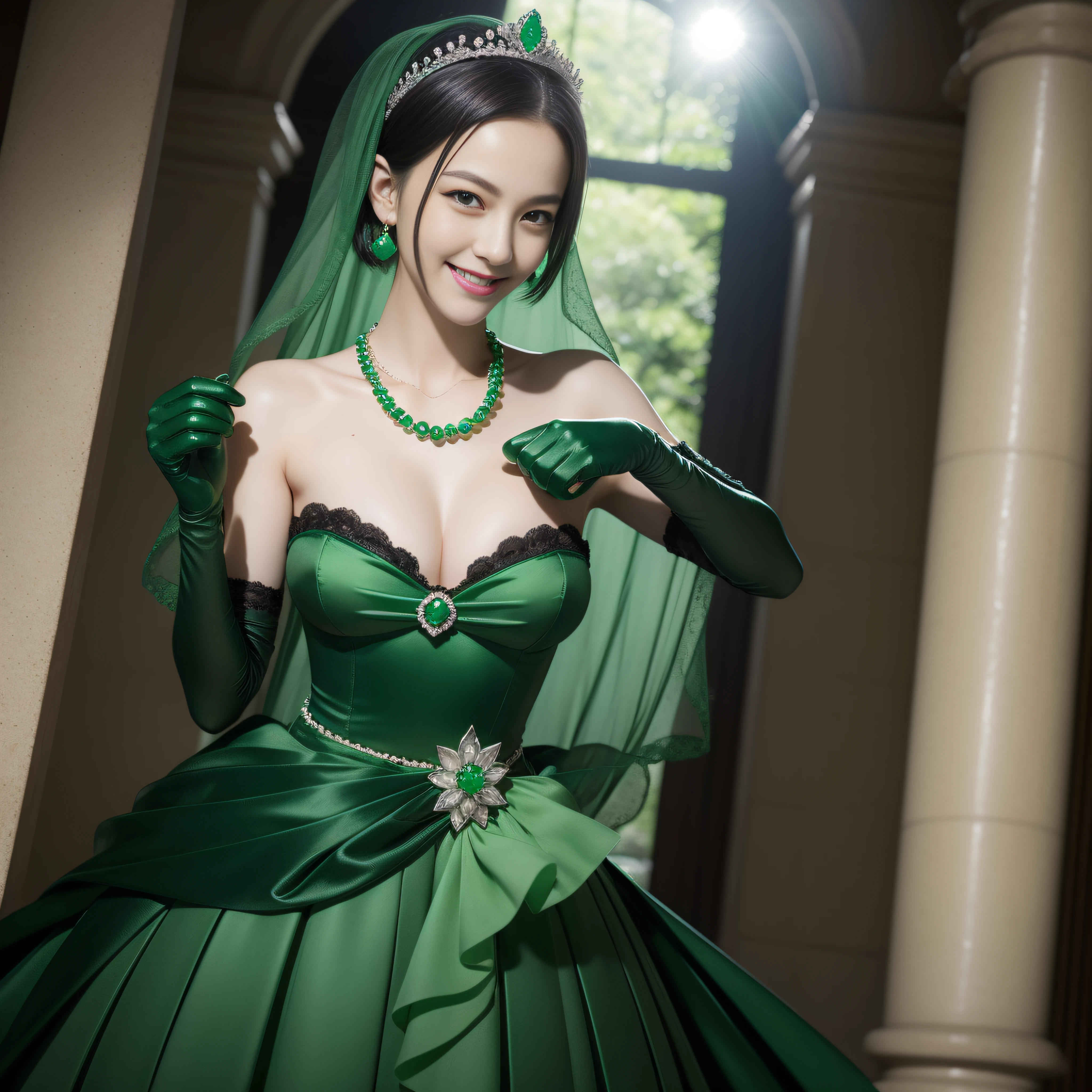 emerald tiara, Green Pearl Necklace, Boyish very short black hair, lipsticks, Japan woman smiling, Long green gloves made of satin material, very short short hair, fist, big breasts beautiful, Green eyes