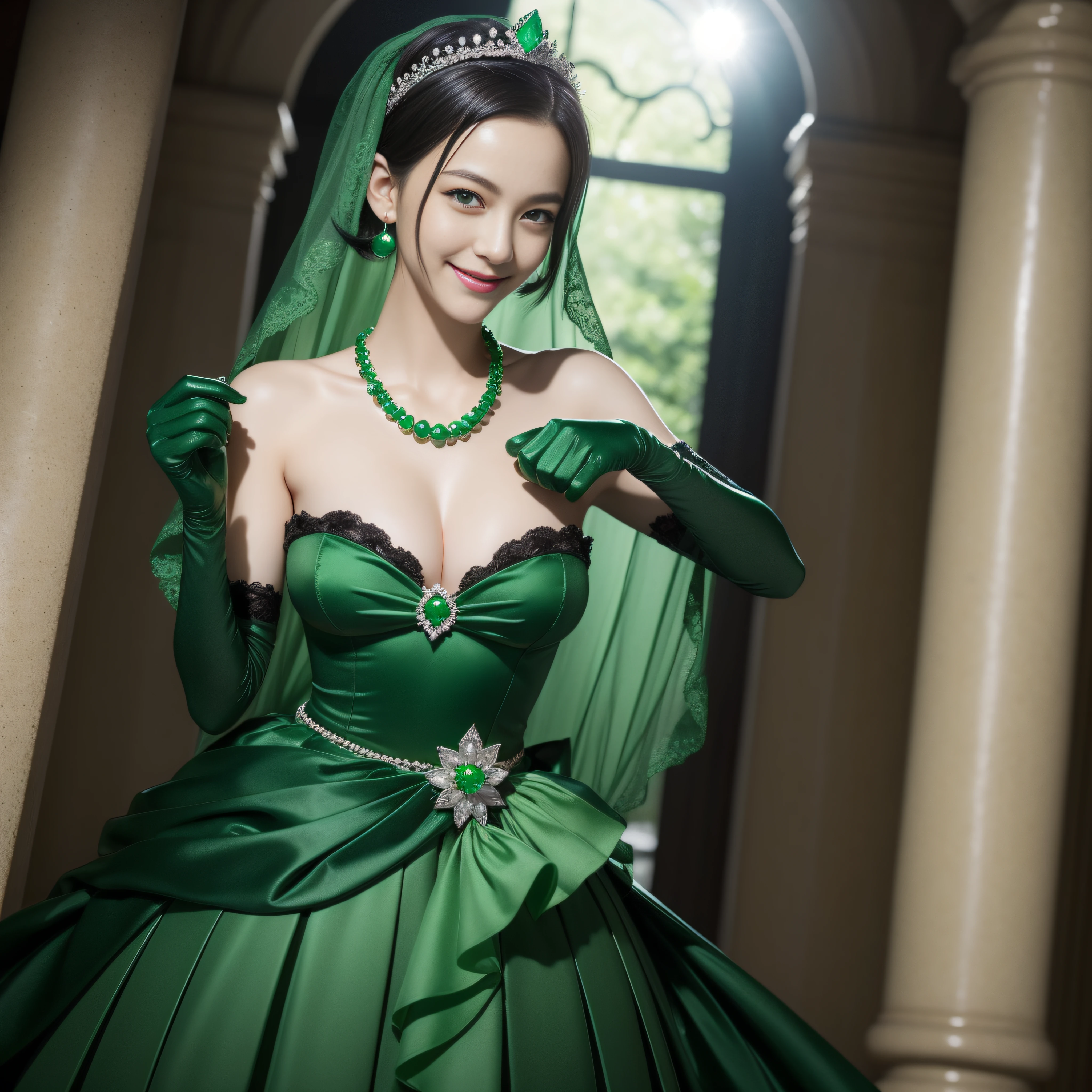 emerald tiara, Green Pearl Necklace, Boyish very short black hair, lipsticks, Japan woman smiling, Long green gloves made of satin material, very short short hair, fist, big breasts beautiful, Green eyes