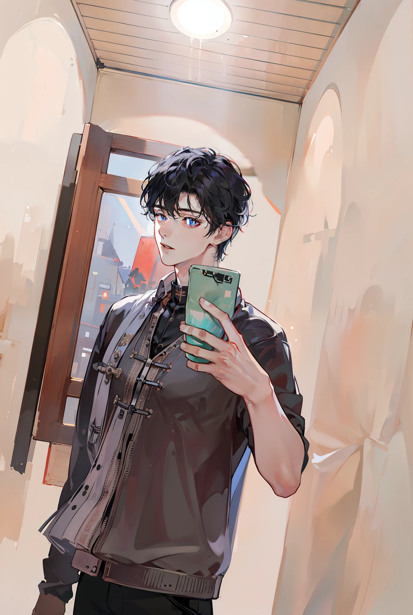 (Best quality, 8K, 32K, Perfect body, com rosto detalhado, Detailed eyes,Black color hair,middle parted hairstyle,Cold,shoun,Handsome,red pupils
