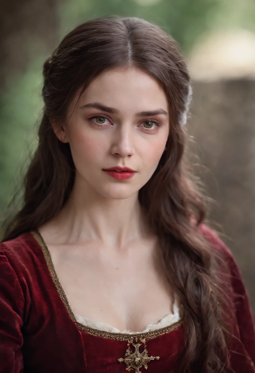 (((A deep red wound streaked across her left cheek))) Fair complexion, A woman around 19 years old, Natural gray hair, Unique green eyes, Wear Cole, Slender and graceful, Beautiful, Candlelight in a medieval setting, super sharp focus, realistic lens, Medieval women's clothing, Four colors (Scar:1.4)