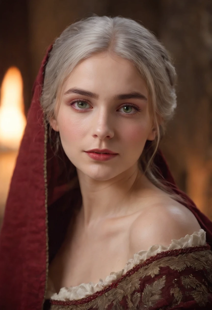 (((A deep red wound streaked across her left cheek))) Fair complexion, A woman around 19 years old, Natural gray hair, Unique green eyes, Wear Cole, Slender and graceful, Beautiful, Candlelight in a medieval setting, super sharp focus, realistic lens, Medieval women's clothing, Four colors (Scar:1.4)