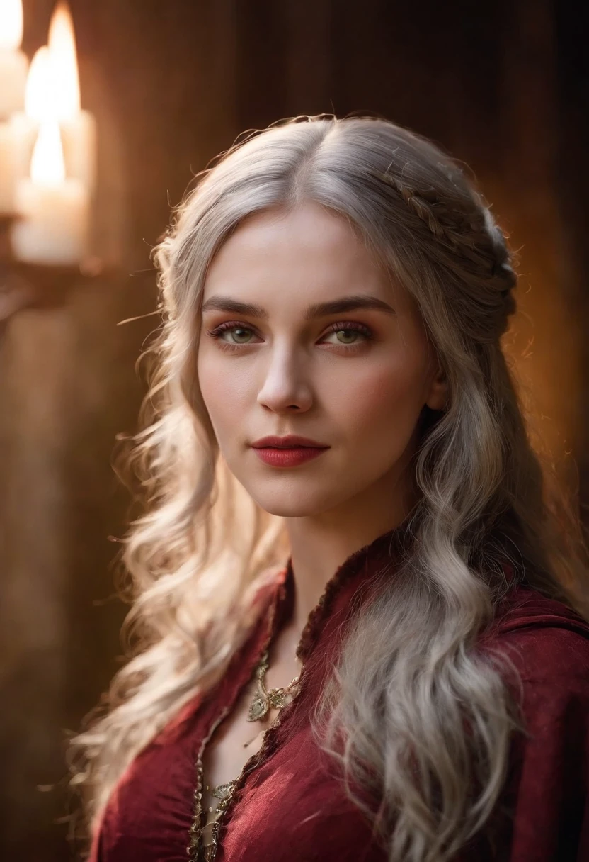(((A deep red wound streaked across her left cheek))) Fair complexion, A woman around 19 years old, Natural gray hair, Unique green eyes, Wear Cole, Slender and graceful, Beautiful, Candlelight in a medieval setting, super sharp focus, realistic lens, Medieval women's clothing, Four colors (Scar:1.4)