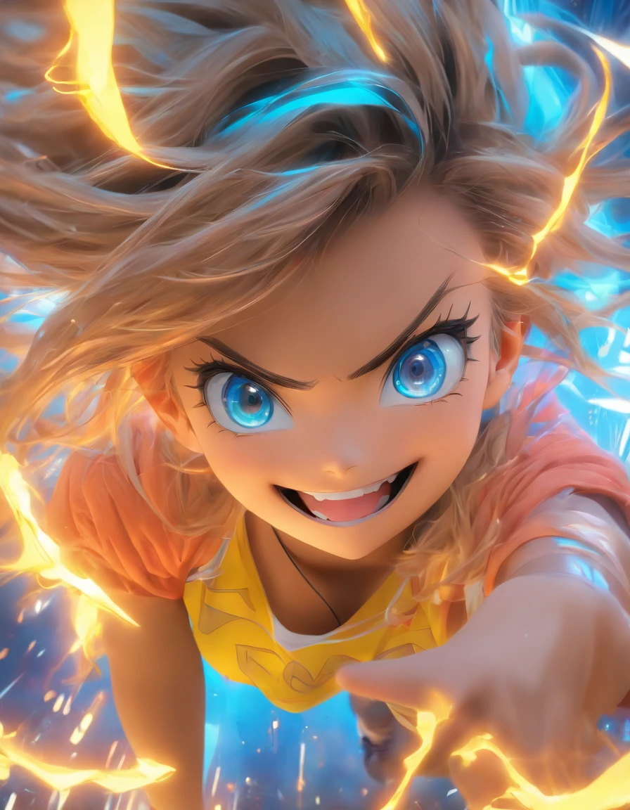 Hyper-realistic,Ultra photo realsisim,super-fine,Genki girl,Full body like,adolable,Sit cross-legged,ssmile,short detailed hair,Qi bangs,sweatshirts,denim pant,athletic sneakers,rays of sunshine,The hair is meticulously depicted,The eyes are meticulously depicted, highly detailed surreal vfx,oc rendered,
