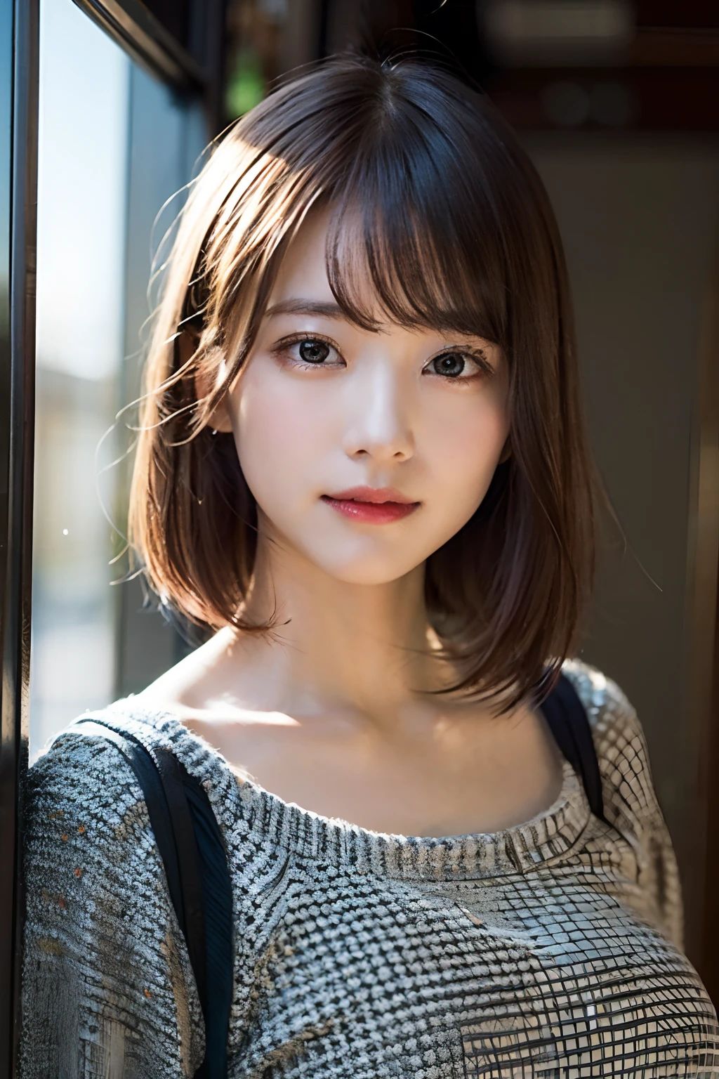 (8K、RAW photography、top-quality、tmasterpiece:1.2)、(hentail realism、Photorealsitic:1.37)、ultra - detailed、超A high resolution、1 rapariga、see the beholder、beautifull detailed face、A smile、shrinks、(Slim waist) :1.3)、short cut、beautiful detailed skin、Skin texture、Floating hair、Professional lighting、Wait for the platform train、Black-framed square mirror 、full bodyesbian、Brown hair