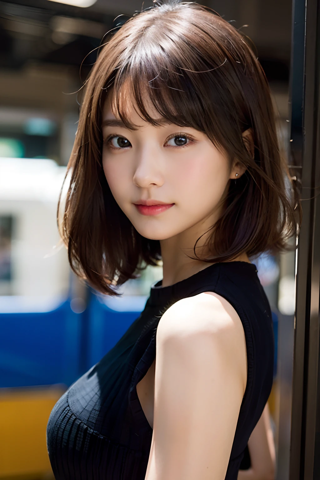 (8K、RAW photography、top-quality、tmasterpiece:1.2)、(hentail realism、Photorealsitic:1.37)、ultra - detailed、超A high resolution、1 rapariga、see the beholder、beautifull detailed face、A smile、shrinks、(Slim waist) :1.3)、short cut、beautiful detailed skin、Skin texture、Floating hair、Professional lighting、Wait for the platform train、Black-framed square mirror 、full bodyesbian、Brown hair